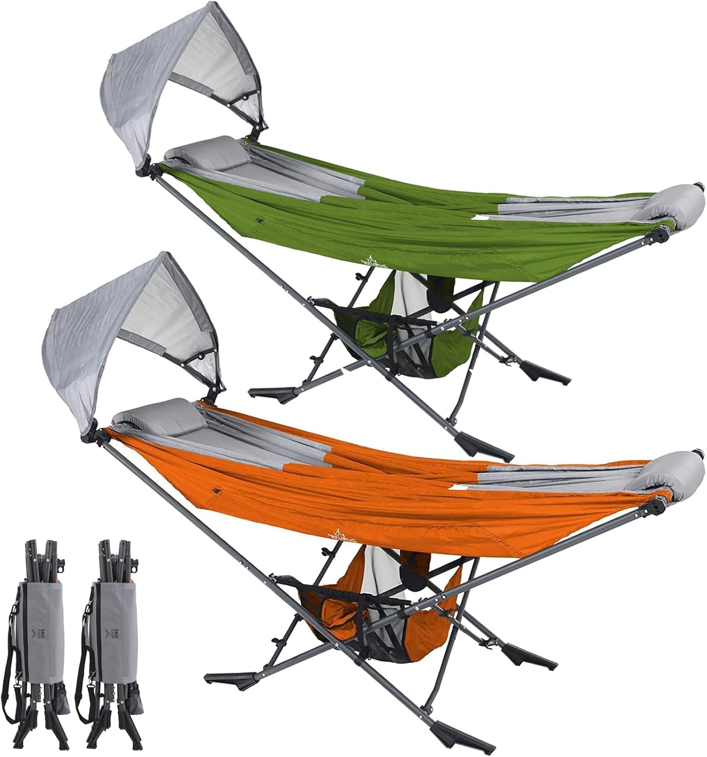 2Pack Portable Hammock with Stand, World's Best Mock ONE® Hammock, Compact Folding Framed Hammock with Adjustable Sunshade Canopy for Indoor, Outdoor, Park, Backpacking, Camping, Hiking, Travel, Beach