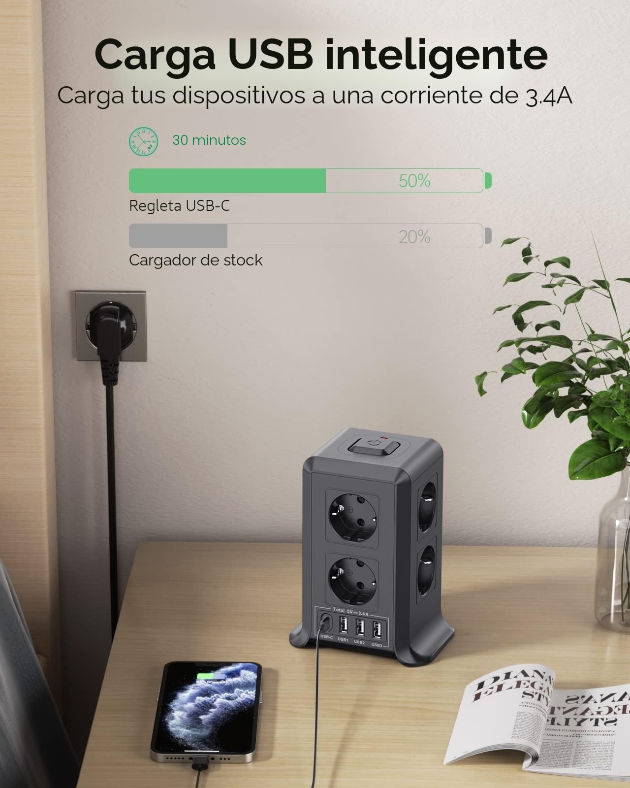 Torre Regletas Enchufes, Regleta USB 8 Tomas de AC y 4 USB Enchufe Multiple, 2500W/10A,Regleta Enchufes Proteccion Sobretension, 2M Regreltas Vertical con Interruptor para Mesa, Oficia, Casa, Negro - 3