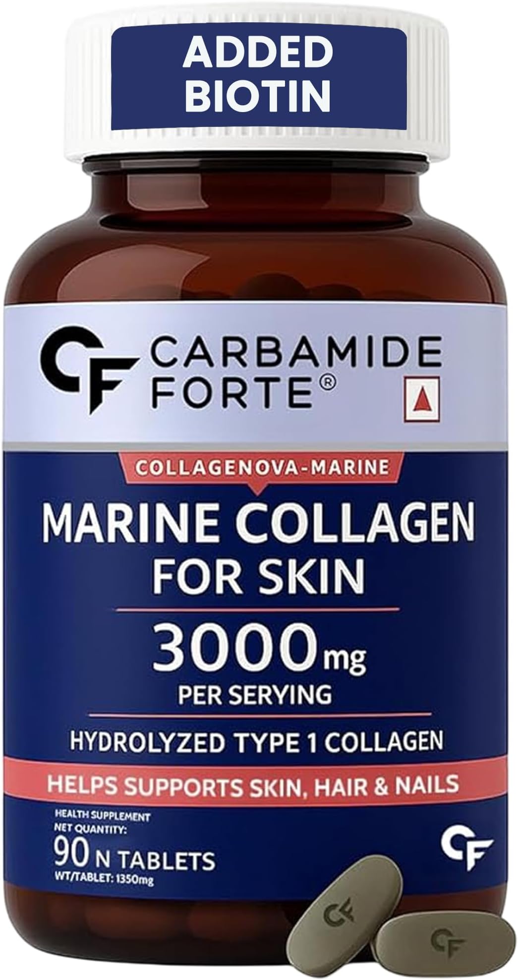 Carbamide Forte Marine Collagen Peptides Tablets | Marine Collagen Supplements for Women And Men For Skin, Hair & Nails - 90 Tablets