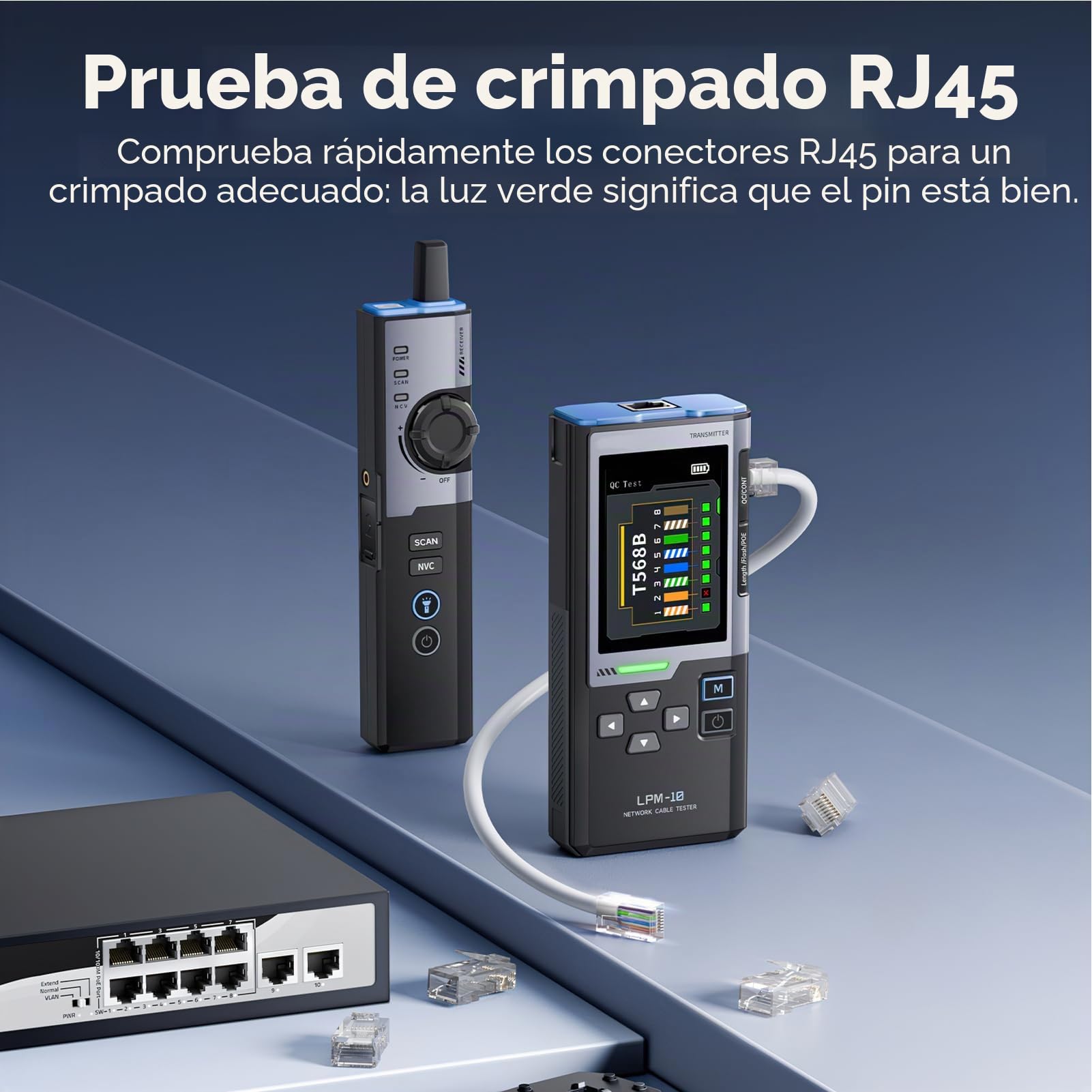 Probador de Red RJ45, LPM-10 Comprobador de Cables, Reconocimiento de Cables POE sin interferencias, LAN Ethernet Tester Network Tester para prueba contracción, medición velocidadcable,flashing puerto