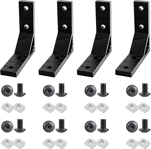 4 juegos de hardware de conexión de perfil de extrusión de aluminio 1010 negro, incluye 1 pieza de llave, 4 piezas de soporte en L de 78x78 mm de