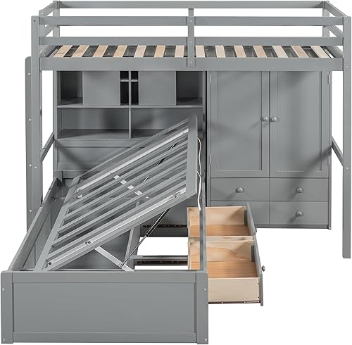 Miniatura 50 de Versatility - Litera individual sobre individual con escritorio y armario integrados, cama alta de madera maciza y plataforma independiente con