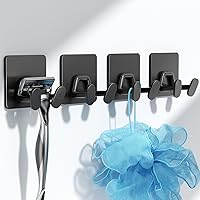 susswiff Extra Sticky Stainless Steel Double Adhesive Shower Hooks, Matt Black 4-Pack - Holds 10lbs for Towels, Razors, Loofahs