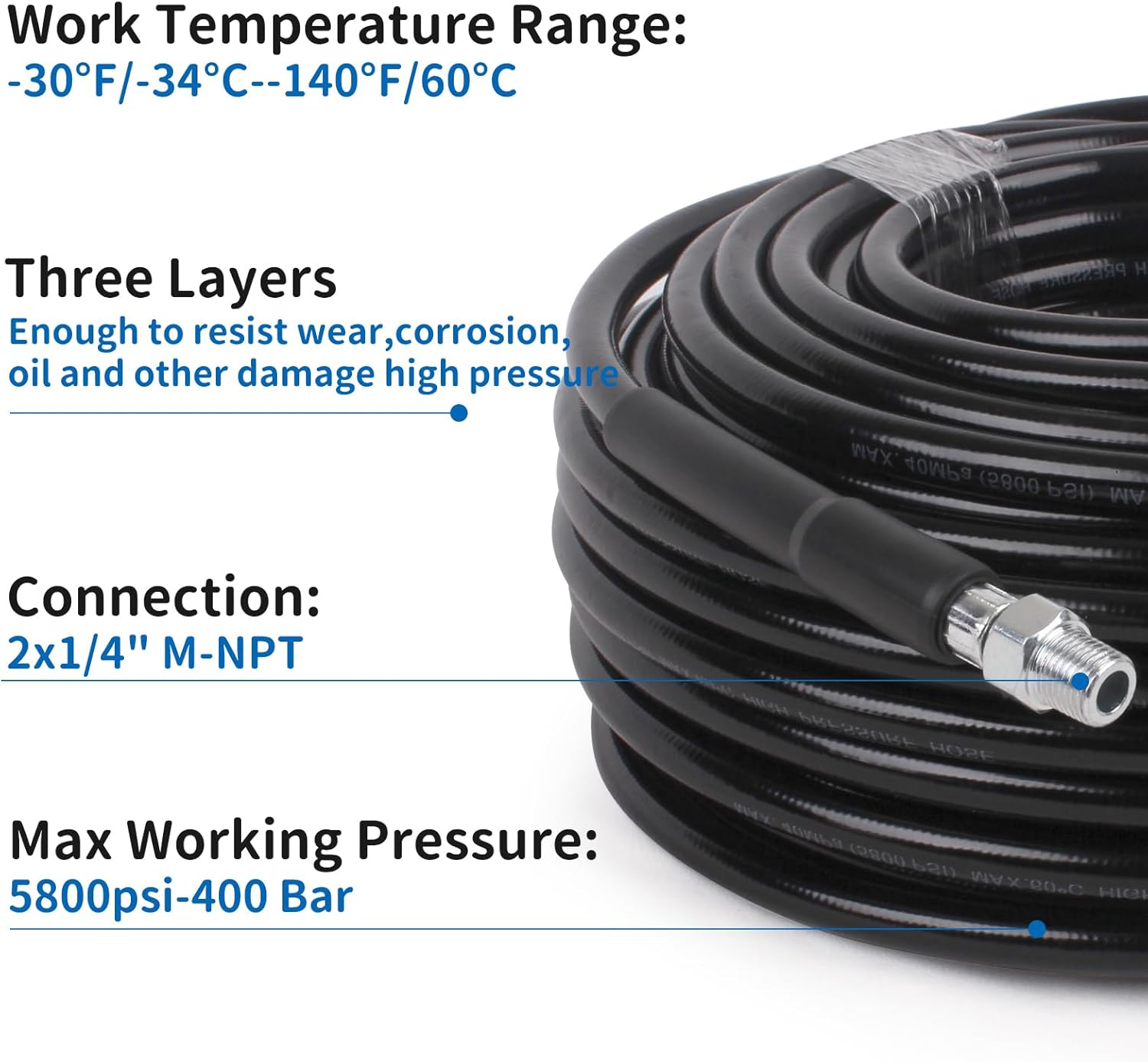 NAMOTEK Sewer Jetter Kit for Pressure Washer 50FT Drain Cleaner Hose 5800PSI NPT 1/4 Inch Hose Button Nose and Rotating Sewer Jetting Nozzle, Orifice 4.0, 4.5