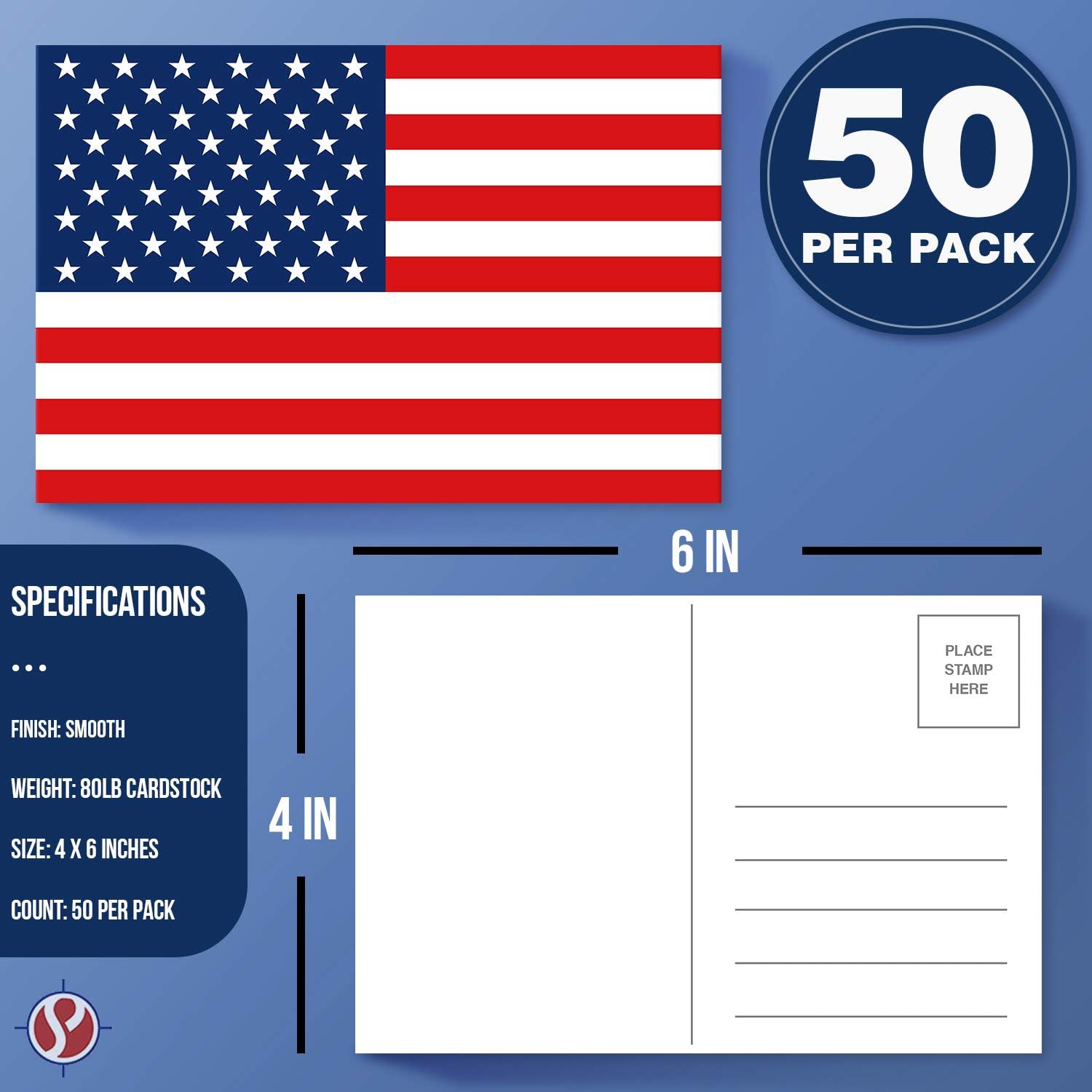 S Superfine Printing 4 x 6” Blank USA Post Card, Patriotic American Flag Postcards, July 4th – No Envelopes Needed | 80lb (216gsm) White Cardstock | Mailable | 50 Cards Per Pack (Pack of 2)