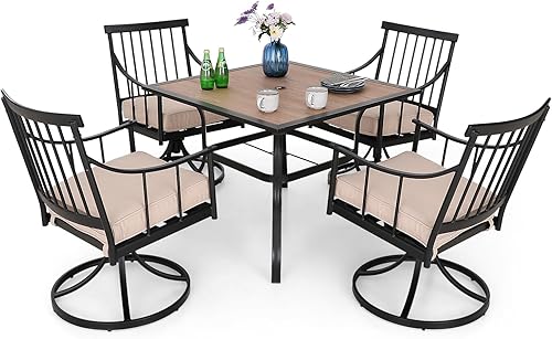 Miniatura 17 de MFSTUDIO Juego de 9 piezas de comedor para patio al aire libre, 8 sillas giratorias de metal con cojines extraíbles y 1 mesa de comedor cuadrada