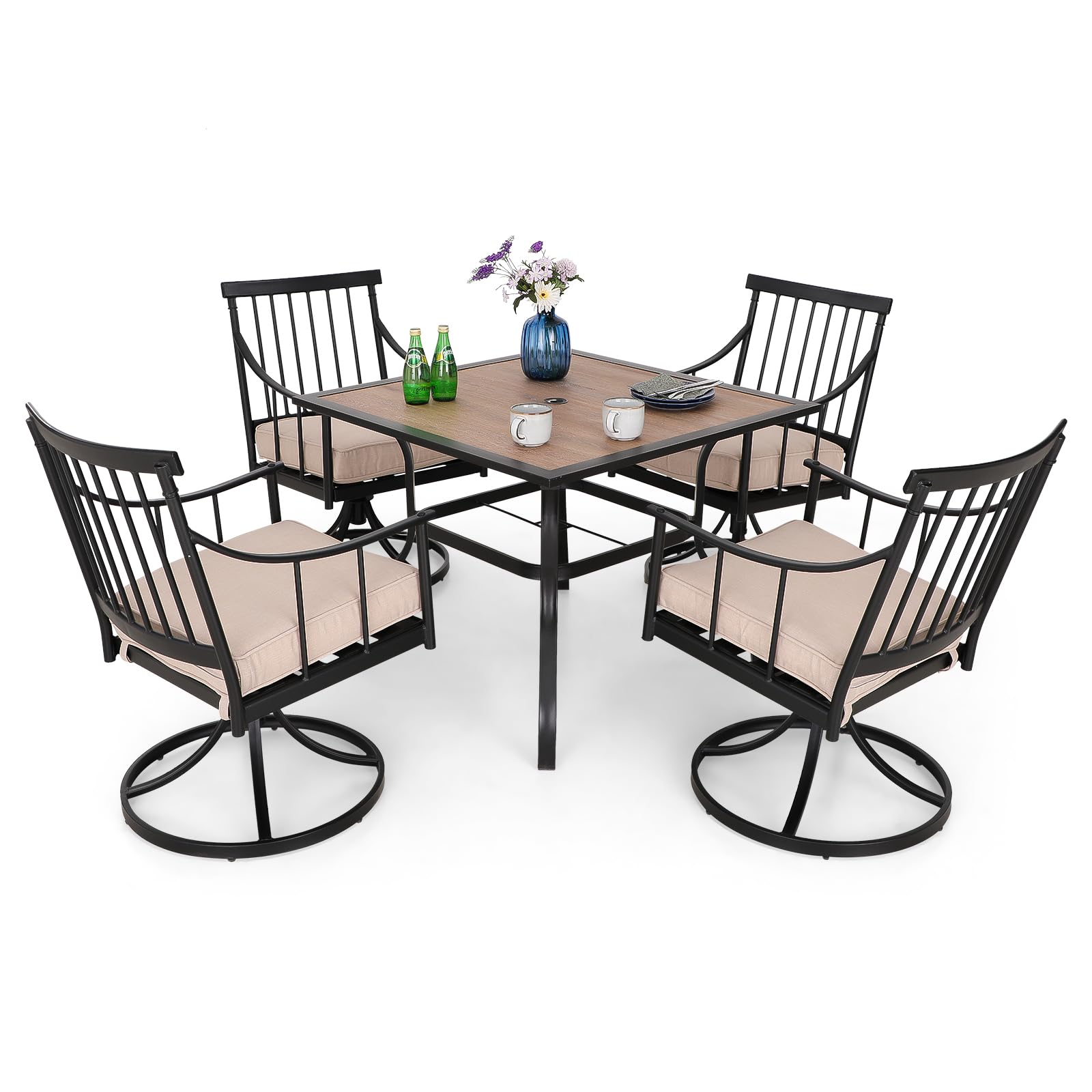 MFSTUDIO 5-Piece Outdoor Patio Dining Set with square table and four swivel chairs