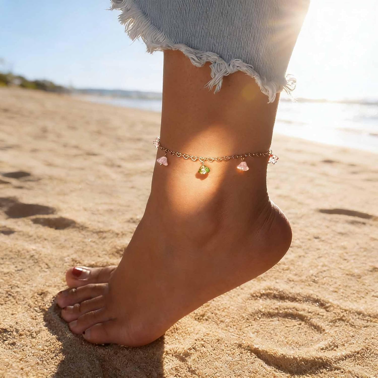 Andelaisi Boho Flower Dangle Ankle Bracelet Vintage Flower Tassel Chain Ankle Flowers Gemstone Ankle Bracelet Gold Natural stone Foot Chain Jewelry for Women - Image 4
