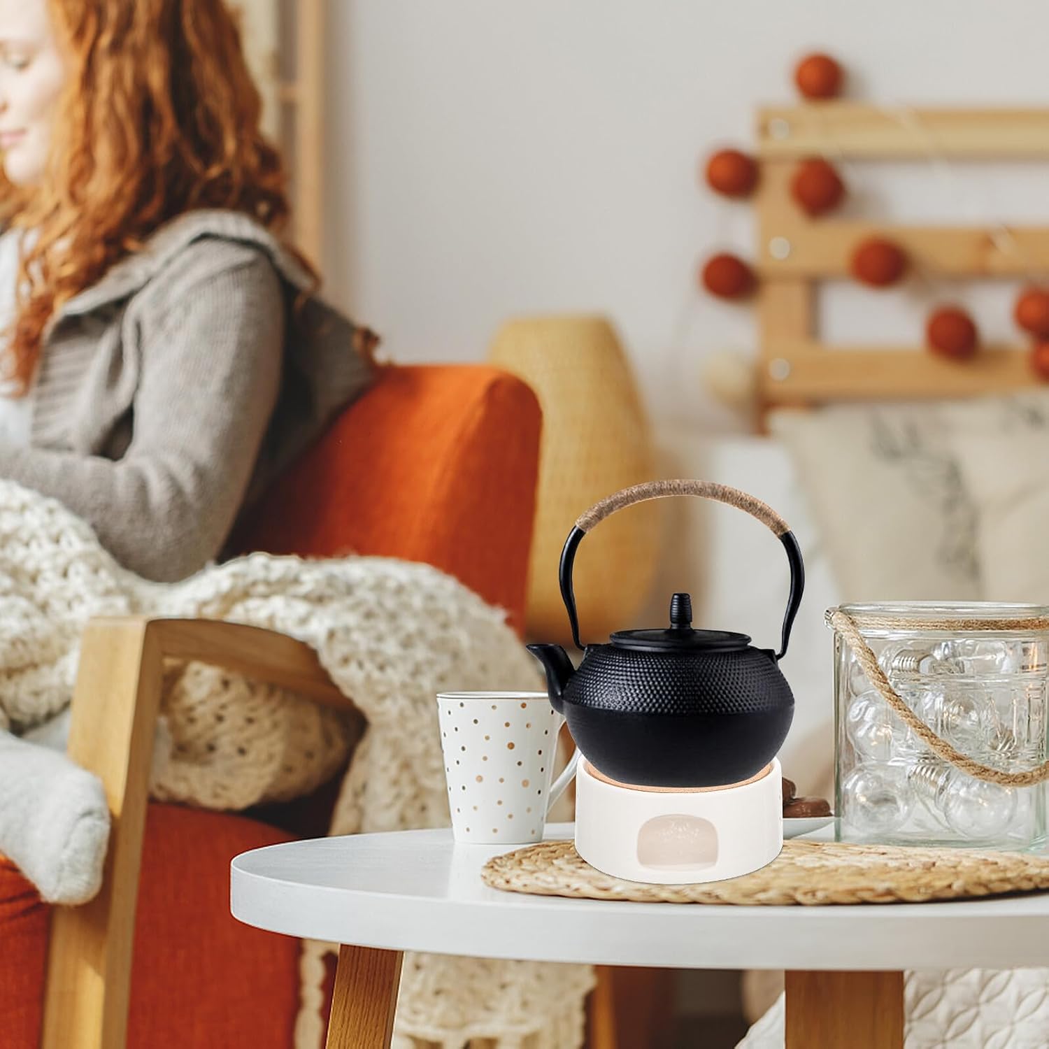 Ceramic Teapot Warmer with Air Vent for Heat Dissipation Portable Tea Heater Base for Home Office Living Handmade Wood and Ceramic Tea Pot Holder