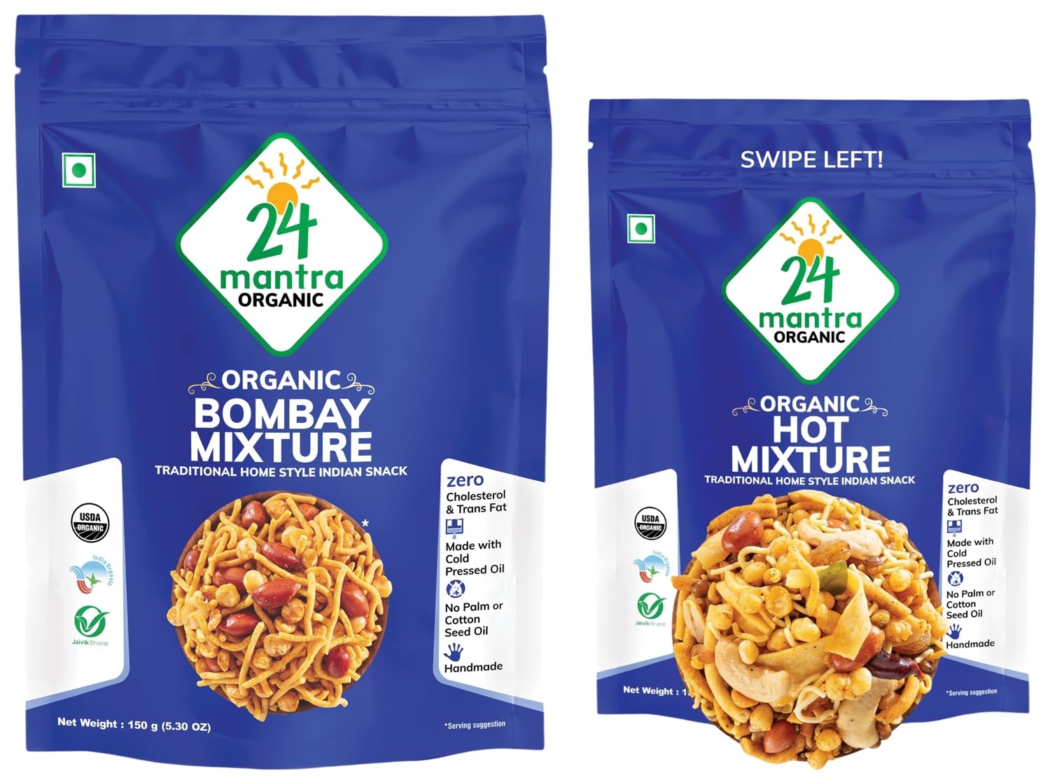 24 Mantra Organic Bombay Mixture 150g and Organic Hot Mixture 150g (Pack of 2)