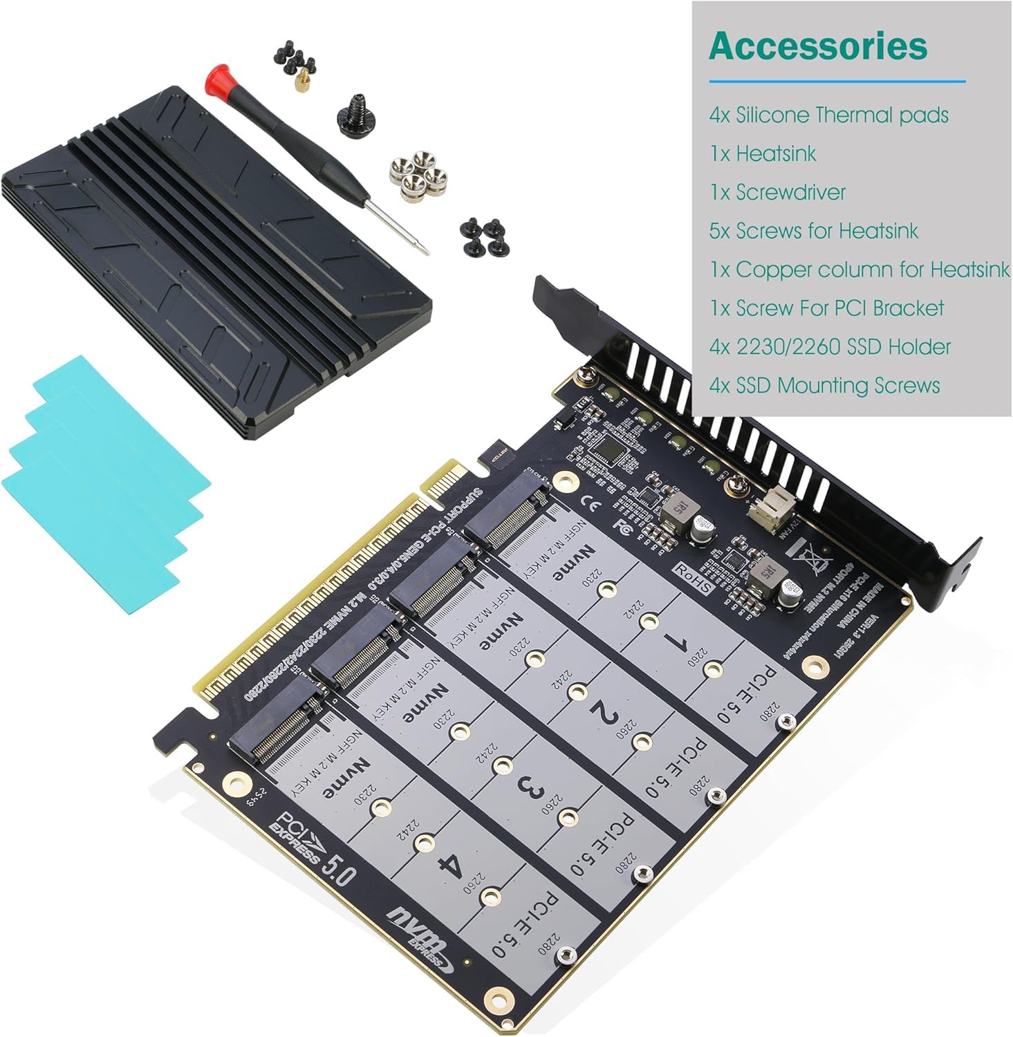 Adaptador Quad NVMe PCIe 5.0 con disipador de calor, RIITOP PCIe 5.0 x16 a 4 tarjetas NVMe para SSD 2280/2260/2242/2230 M.2 M.2 (llave M), requiere verificación PCIe