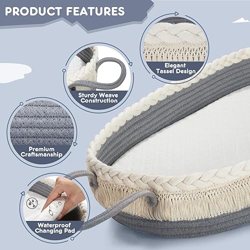 Miniatura 2 de Cesta cambiadora para bebé, cesta de moisés con almohadilla impermeable y manta, cesta tejida portátil y lavable para tocador y cambio de pañales