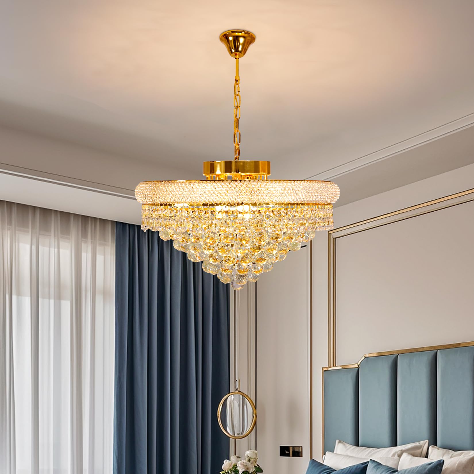 Lámpara de Araña de Cristal Moderna Dorada: Lámpara de Techo Redonda para Salón, Dormitorio, Comedor y Restaurante, Iluminación Interior de Cristal, Incluir E14 x 9, Ø 62 cm