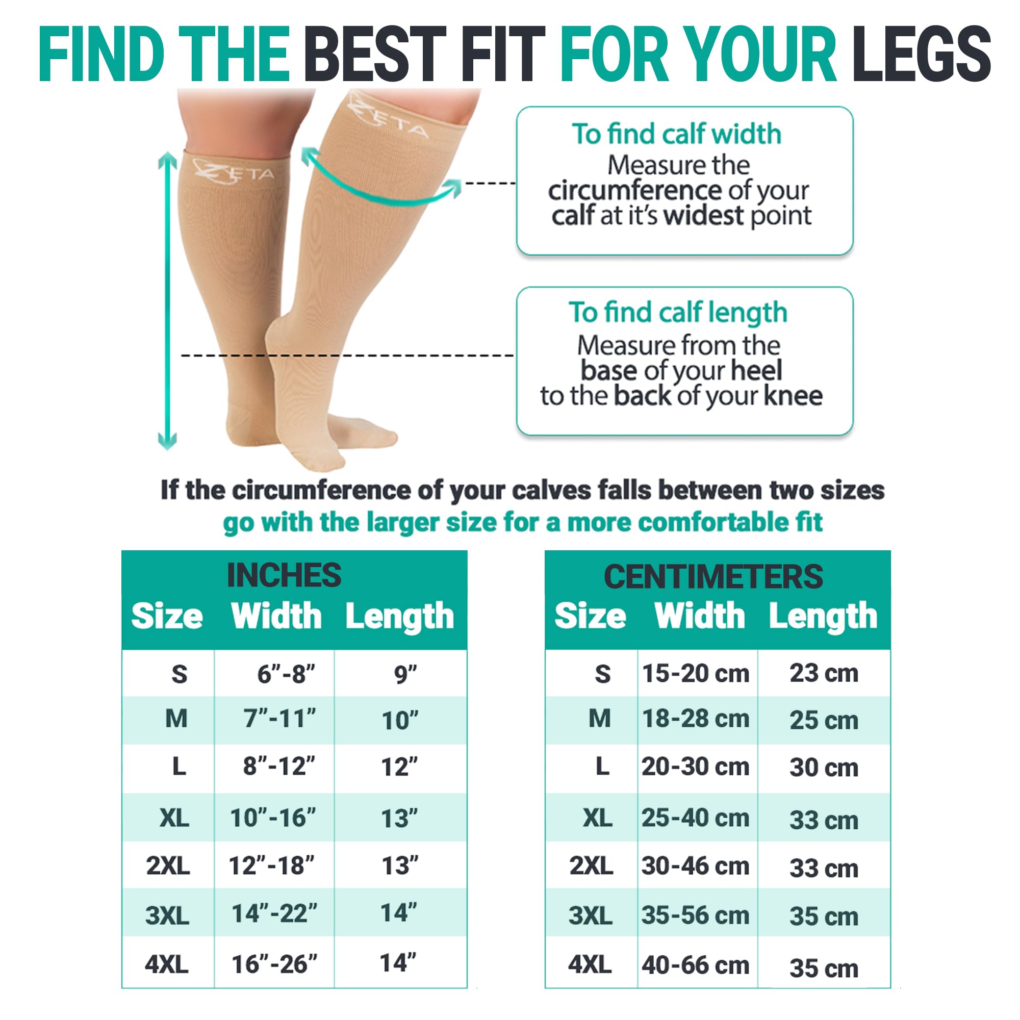 Zeta Wear Calcetines de Compresión Pantorrilla Ancha Tallas Grandes Mujer y Hombre, Medias de Compresión 15-19 mmHg, Hasta la Rodilla, XXL-6XL