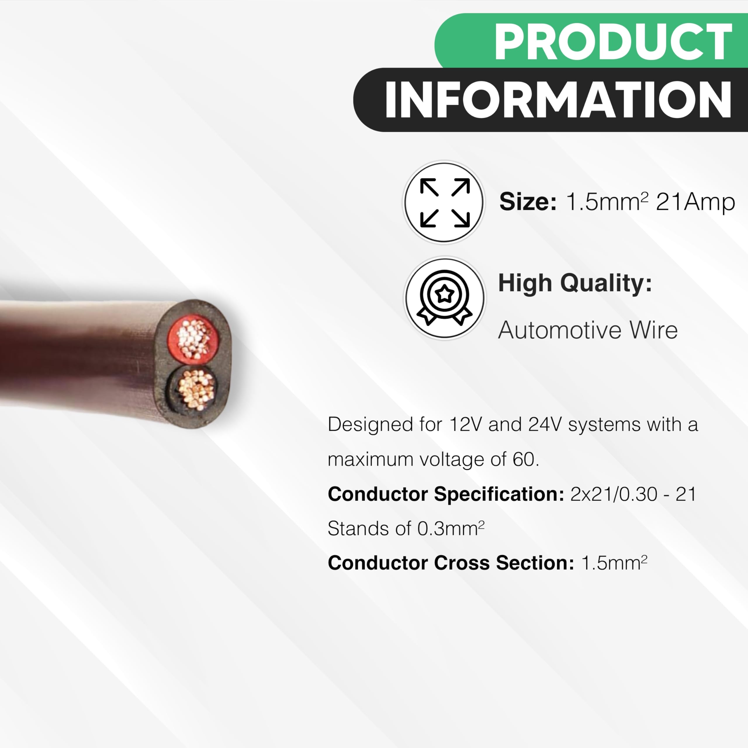 BMF DIRECT Flat Twin 2 Core Cable Pure Copper 12V/24V - Thin Wall Automotive Wire (1.5mm² 21A, 10m Coil), Red and Black - Image 2