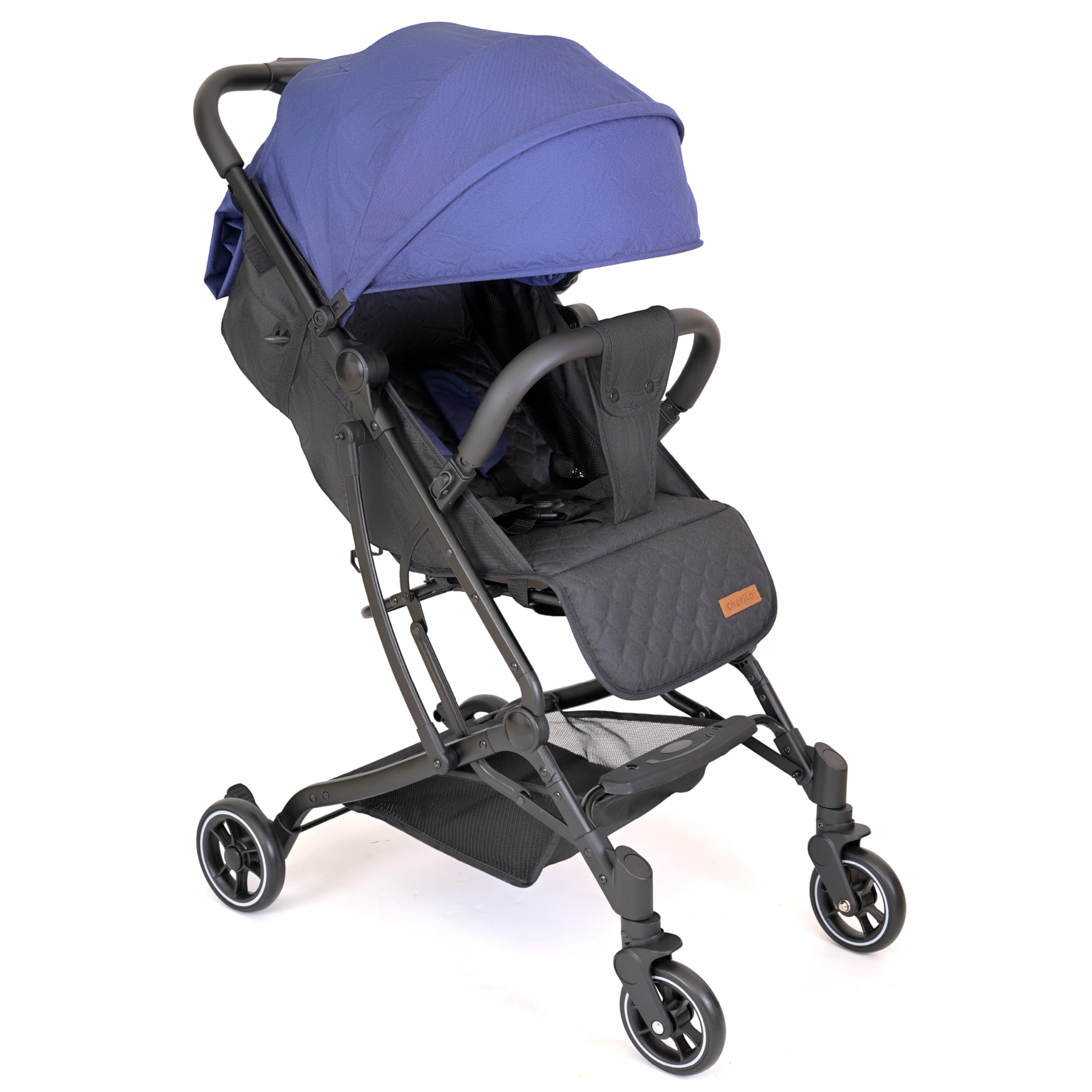 Cherilo Baby Stroller, Lightweight Pram with 5-Point Safety Harness, Spacious Cushioned Seat, Multi-Level Recline, Easy Fold, for Babies 0-3 Years (Black+Blue)