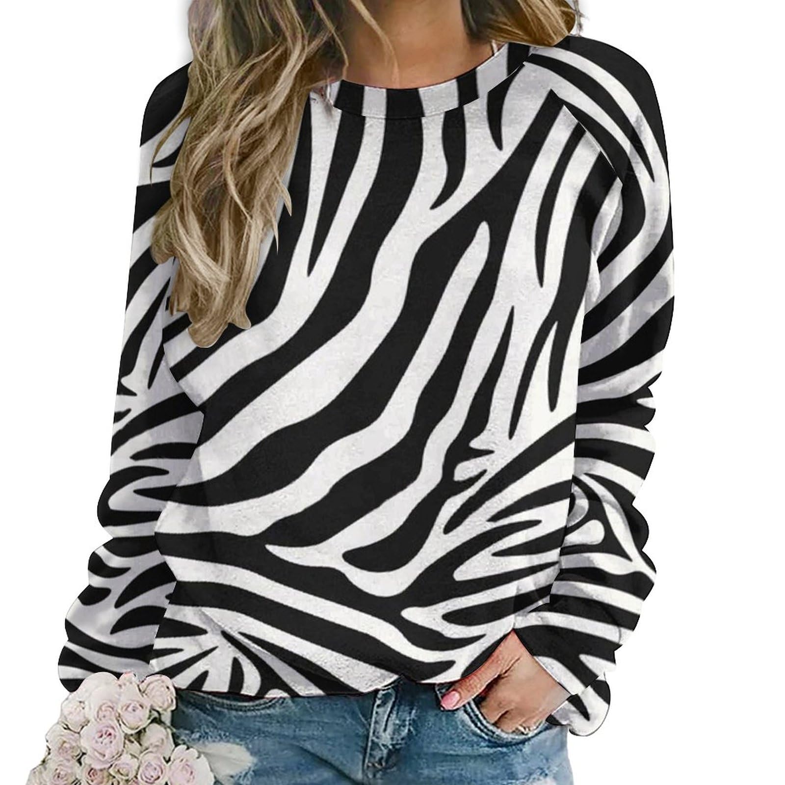 Qjjinxior Women's Zebra Pattern Casual Jumper, Sweatshirts For Crewneck Long Sleeve Top