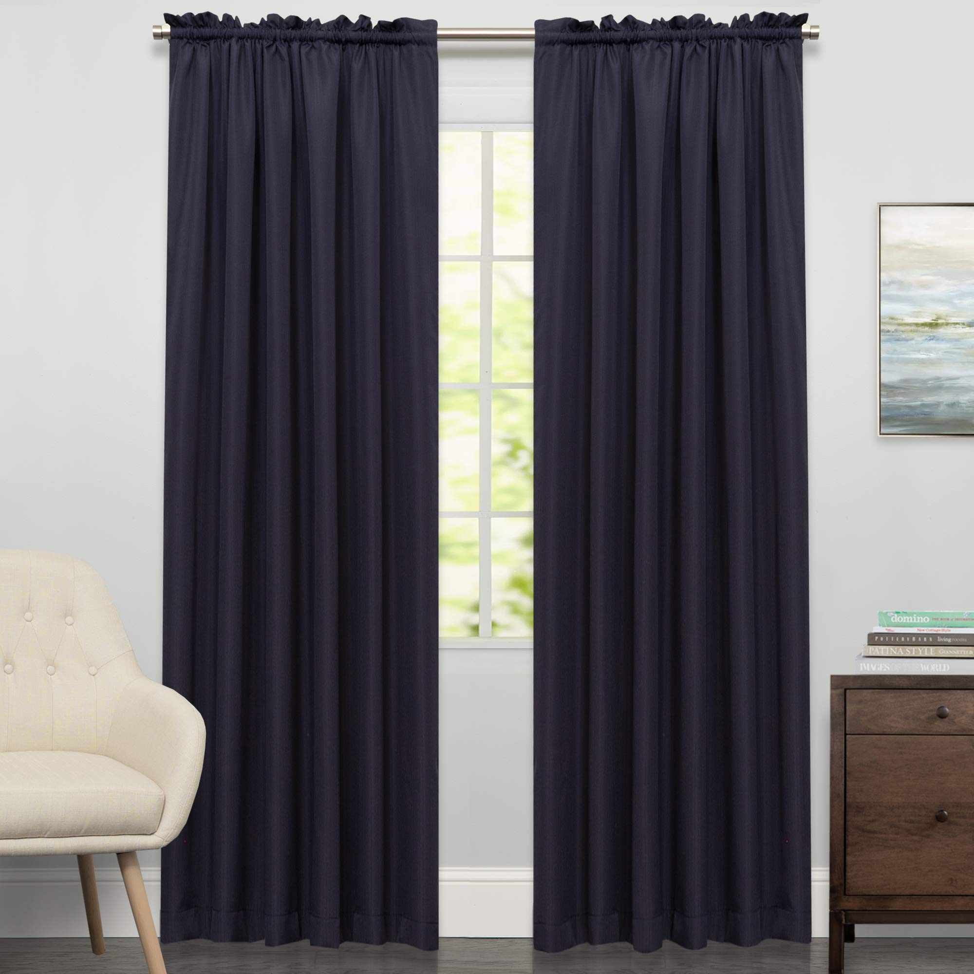 Sweet Home Collection Kitchen Curtains for Windows 40+ Styles &amp; Colors Swag, Valance, Tier Sets &amp; Panels Cafe Curtains for Farmhouse, Rustic, Modern Décor, Ribcord Navy, 84" Panel