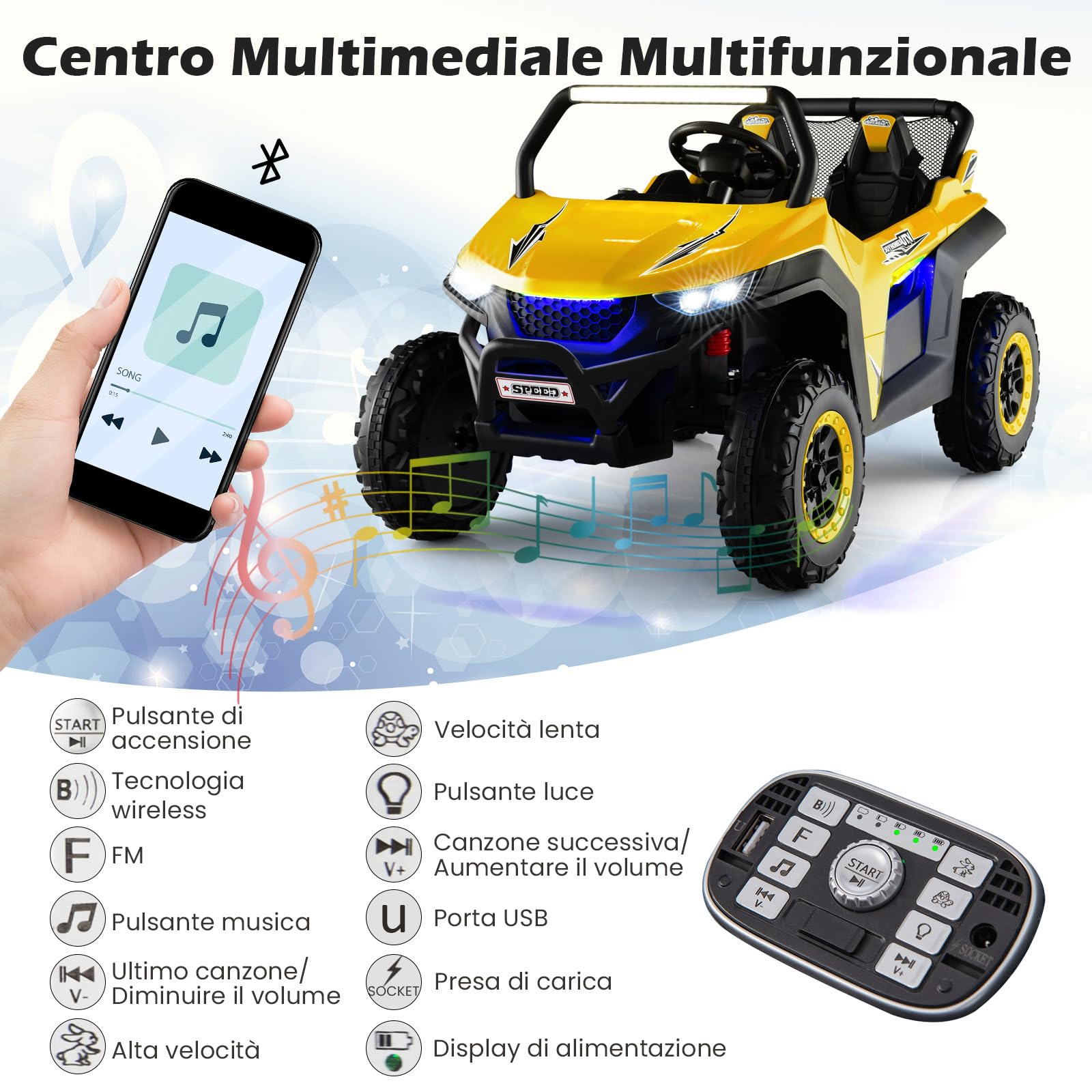 RELAX4LIFE Auto Elettrico per Bambini 12V, Macchina Elettrica 2 Posti con Luci Suoni, Ideale per Bambini 3-8 Anni, Capacità 60 kg (Giallo)