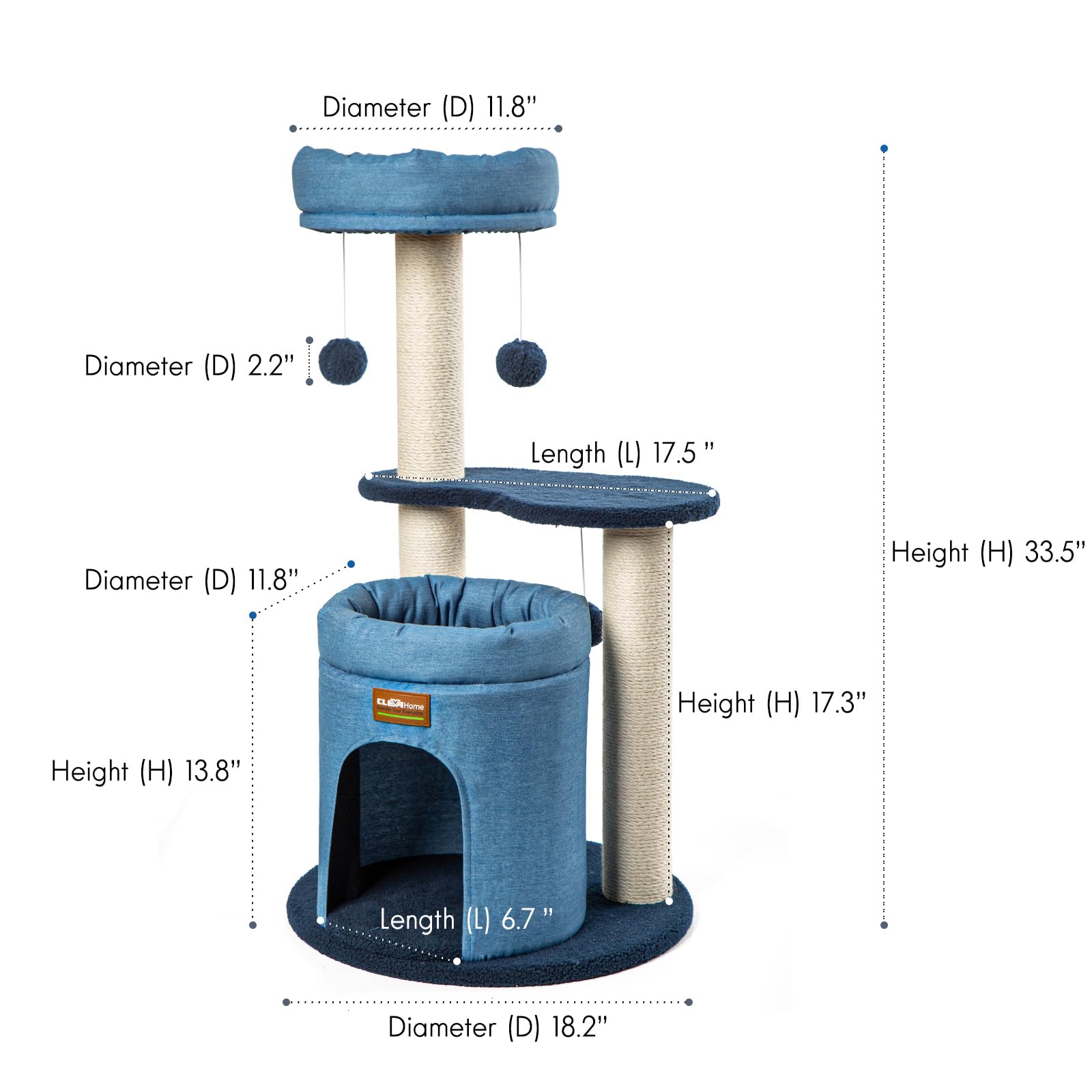 ClevaHome Stylish Cat Tree for for Small Spaces, Kittens, Ultra-Soft Fabric Condo & Cozy Perch, Durable Sisal Scratching Post, and Interactive Hanging Pompom