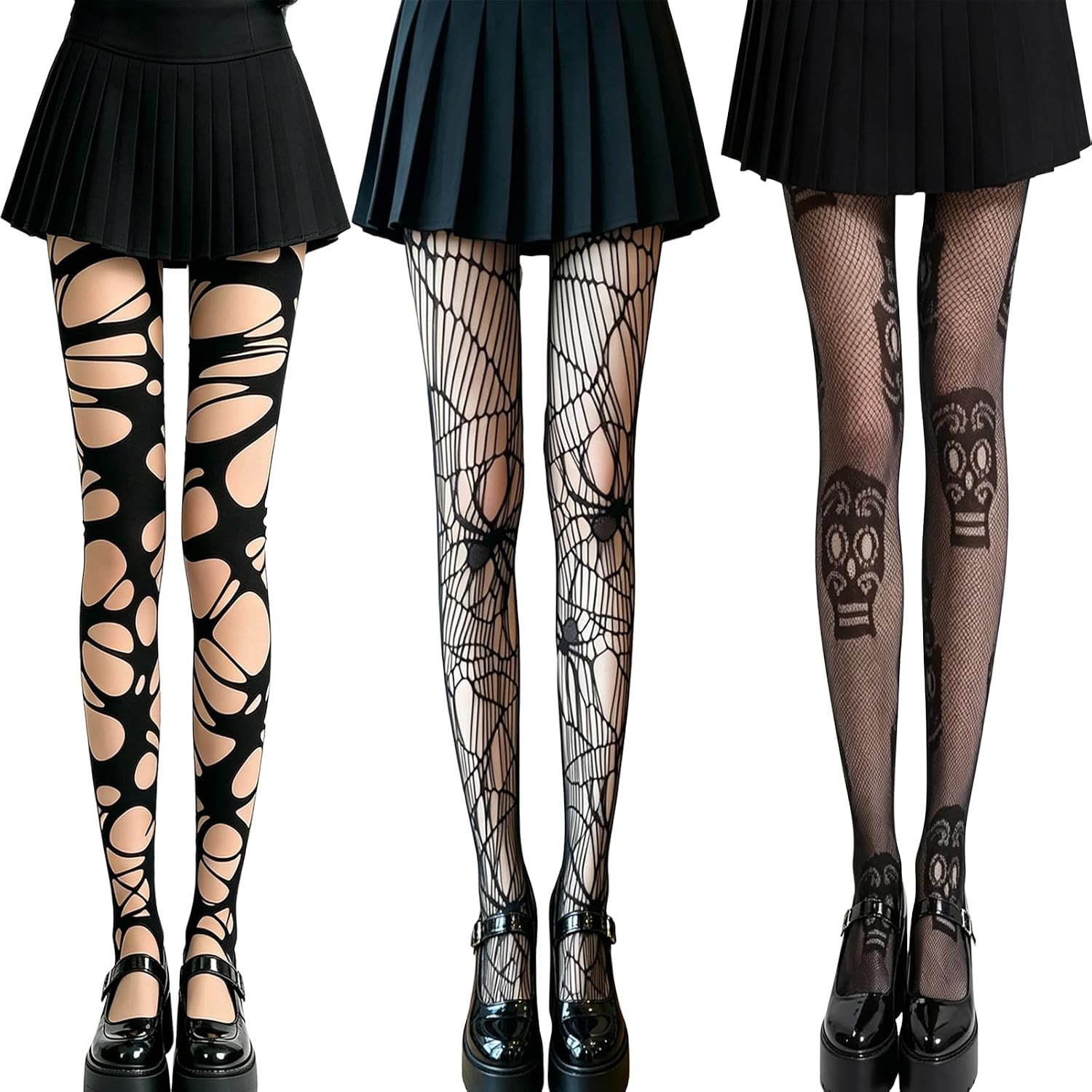 3 Pack Halloween Fishnet Tights for Women, Black Pantyhose with Ripped Fishnet Spider Web Skull Print, Halloween Spider Gothic Y2K Punk Tights for Cosplay Party