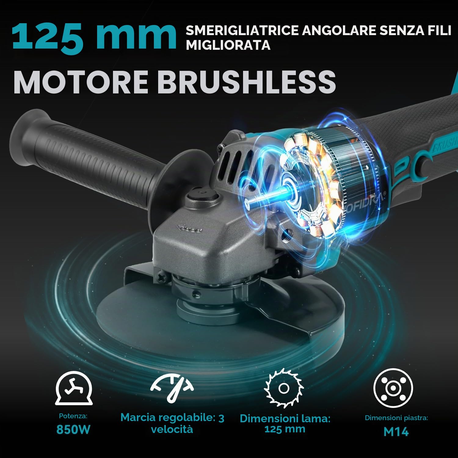 Yofidra Smerigliatrice Angolare a Batteria, Flex a Batteria 21V | 125mm | 5600RPM | 600W | 3 Velocità Regolabili | 2 Batterie 3.0Ah | 3 Dischi per Taglio e Levigatura