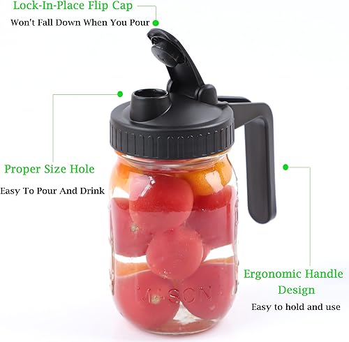 Miniatura 2 de Tarro Mason de boca regular con asa, paquete de 4 tapas de plástico reutilizables, sello hermético y a prueba de fugas, convierte tu tarro Mason en