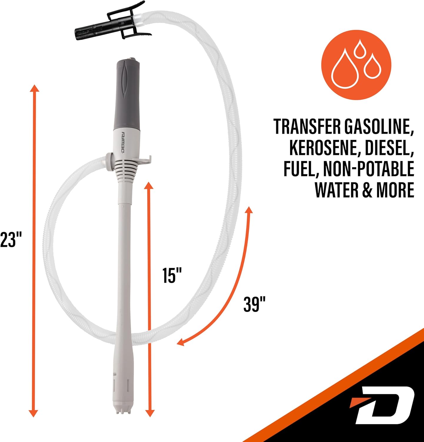 DEWAY Automatic Fuel Transfer Small 15 Inch Pump with Auto-Stop, Powerful D Battery Powered, 39 Inch Extra Long Hose, Portable Liquid Pump Transfers Gasoline, Water & More - 2.4 Gal/Minute
