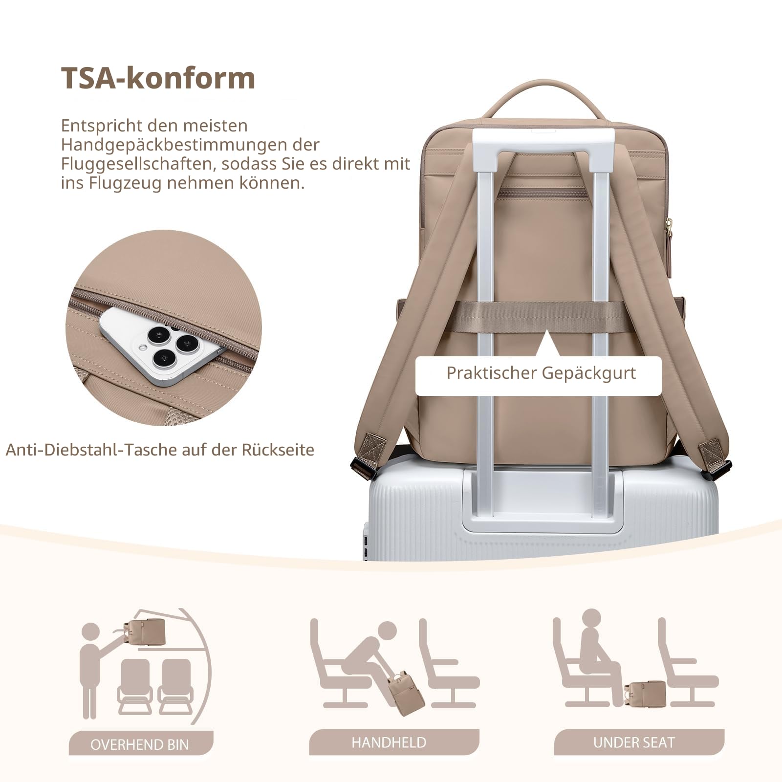 Laptop Rucksack für Damen 16 Zoll, Arbeit, Business, Computer-Rucksäcke mit Laptopfach, wasserdicht, lässig, Tagesrucksack für Reisen,Braun