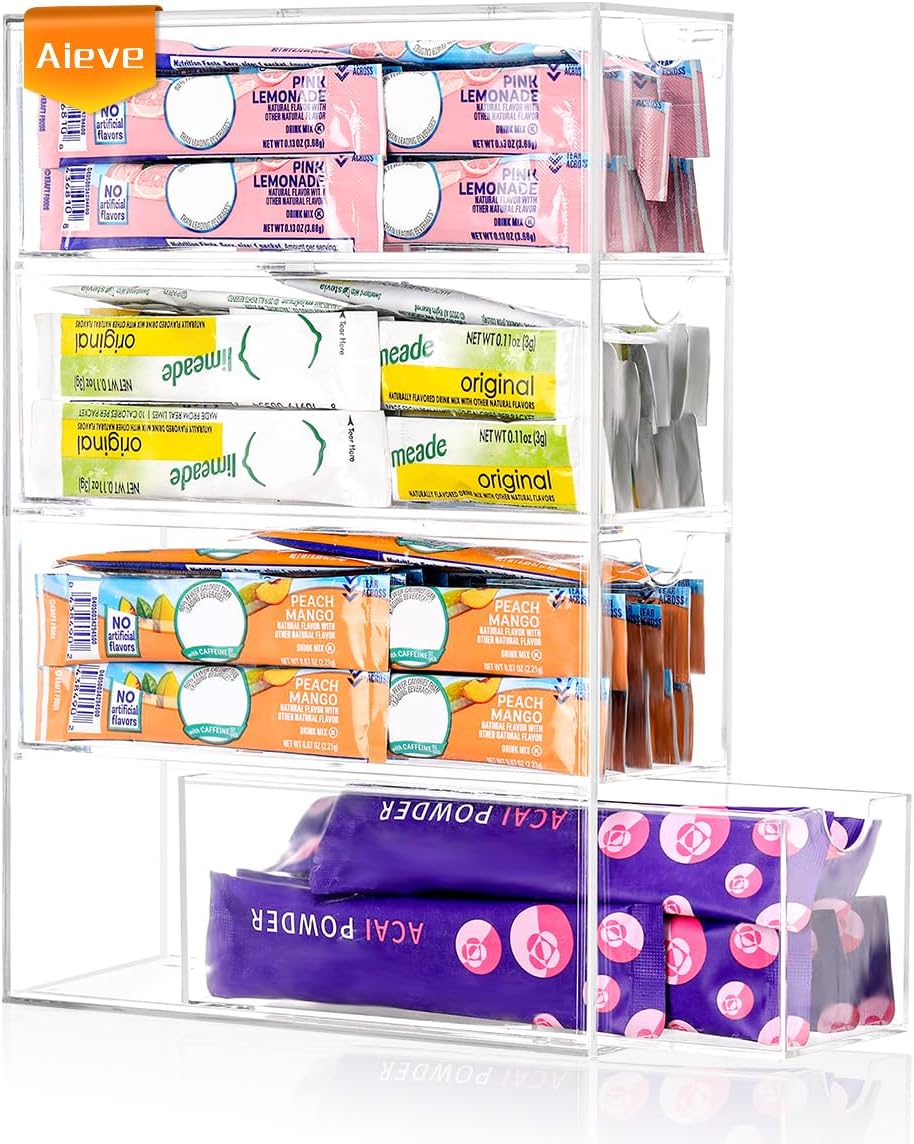 AIEVE Drink Packet Organizer, Drink Mix Holder with 4 Clear Drawers, Acrylic Water Flavor Packets Container, Kitchen Storage Organizers for Pantry Home Organization AIEVE Drink Packet Organizer, Drink Mix Holder with 4 Clear Drawers, Acrylic Water Flavor Packets Container, Kitchen Storage Organizers for Pantry Home Organization