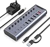 Powered USB Hub, 10-Port USB C Hub with 6*USB-A 3.2, 4*USB-C 3.2 Ports, 2 PD 45W Charging Ports Individual Switches and 24V/3A Power Adapter, USB Extension for MacBook, PC and More.