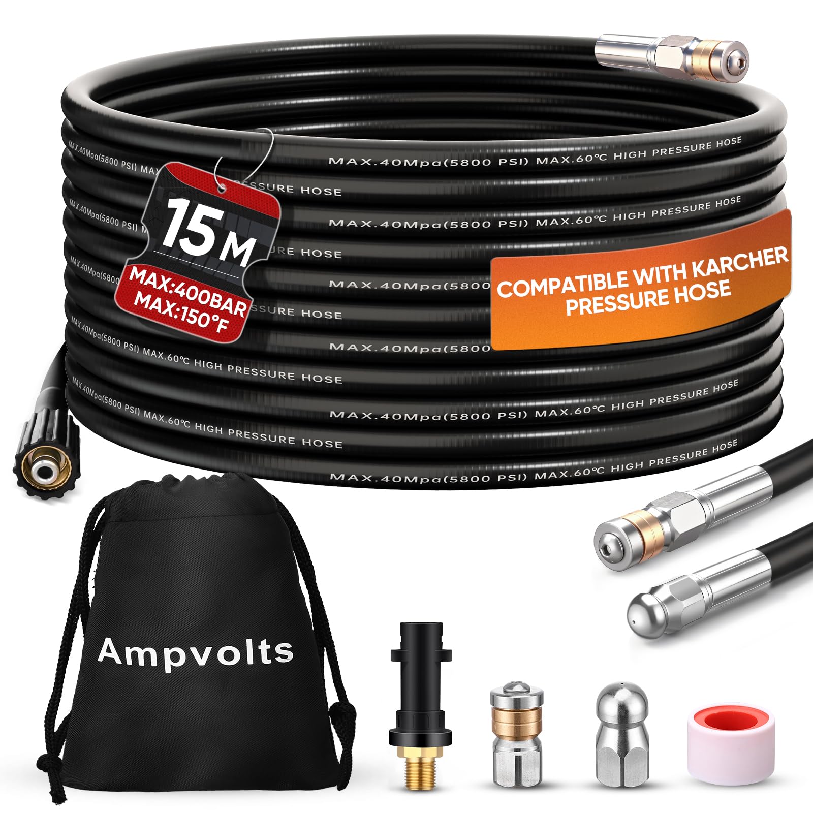 Rohrreinigungsschlauch 15m/30m – 400 bar / 5800 PSI, kompatibel mit Karcher K2–K7 Hochdruckreiniger, mit Adapter & 2 Düsen, Rohr- & Abflussreinigung
