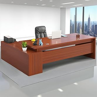 Modern L-Shape Office Desk with Wood Base, Executive Desk Boss Table, Computer Desk Home Office Furniture with Drawers and Storage Shelves (Red, 79" L×32" W / 200×80cm)