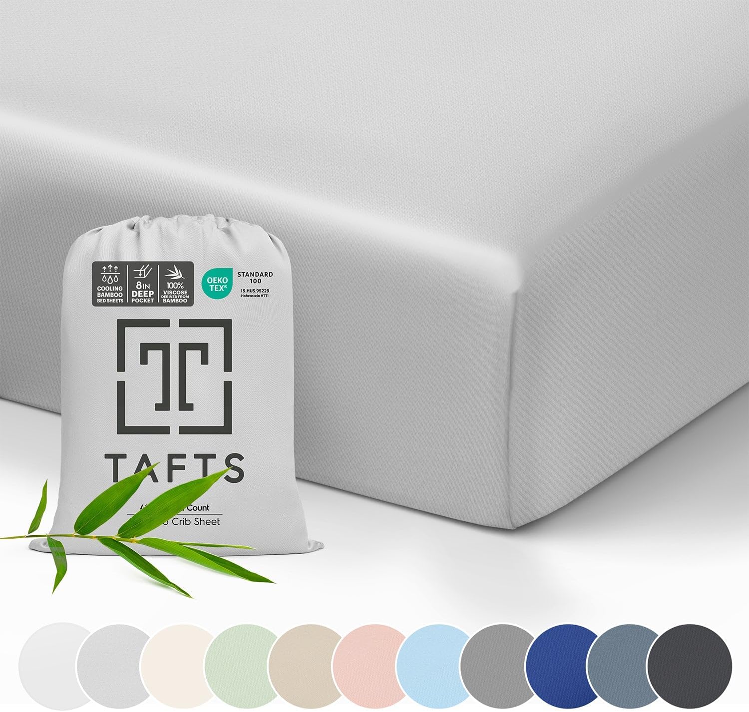 Tafts Crib Sheets, 100% Viscose derived from Bamboo Fitted, Girls, Boys & Unisex, 8 Inch Deep Pocket, Standard Crib & Toddler Mattress, Cooling, Soft, 360 Elastic, Lifetime (28 x 52 Light Grey)OEKO-TEX STANDARD 100