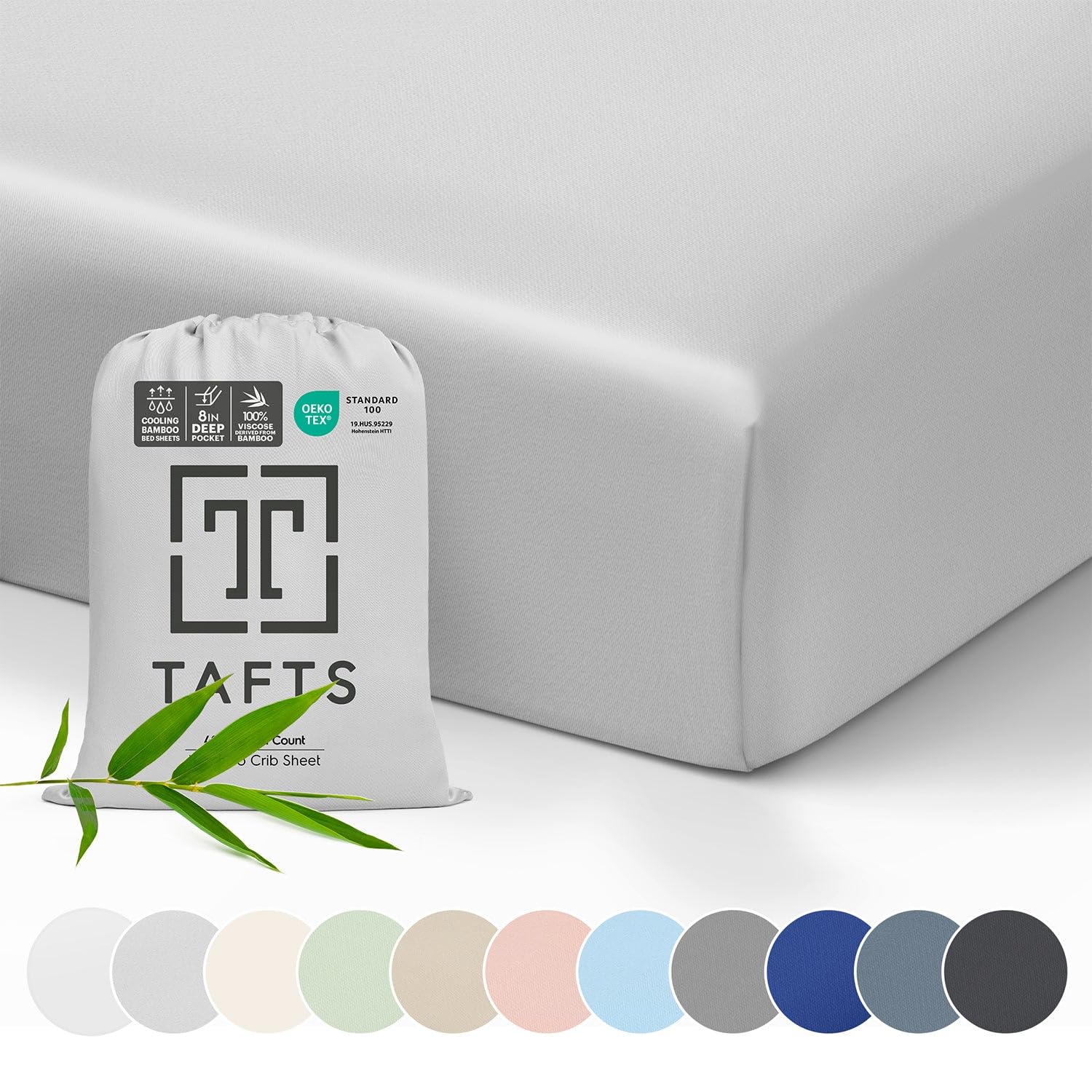Tafts Crib Sheets, 100% Viscose derived from Bamboo Fitted, Girls, Boys & Unisex, 8 Inch Deep Pocket, Standard Crib & Toddler Mattress, Cooling, Soft, 360 Elastic, Lifetime (28 x 52 Light Grey)OEKO-TEX STANDARD 100