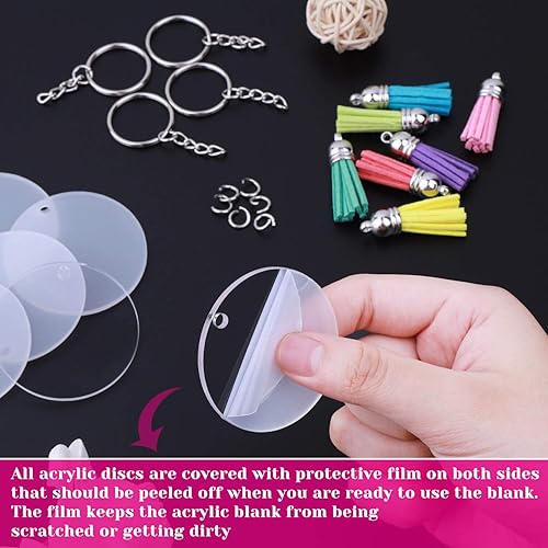 Miniatura 4 de Audab Kit de llavero de acrílico transparente de 150 piezas, piezas en blanco, borlas, clips, anillos y anillos de salto para manualidades de