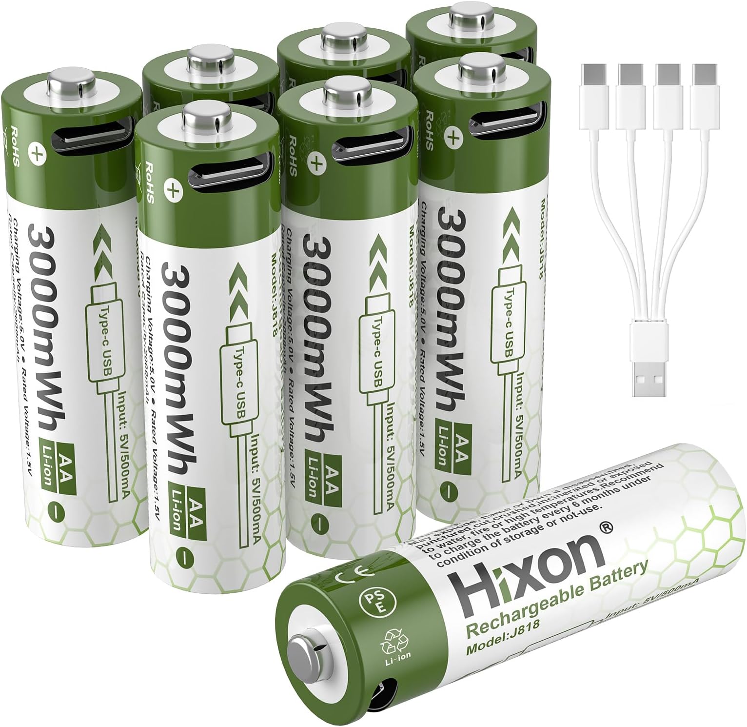 Hixon 1.5V USB Rechargeable Lithium Batteries AA Size,3000mWh Double AA Rechargeable Battery,Charges 1.5 Hours, Over 1000 Cycles, 4-in-1 USB-A to USB-C Charging Cable, LED Charge Indicator, 8-Pack