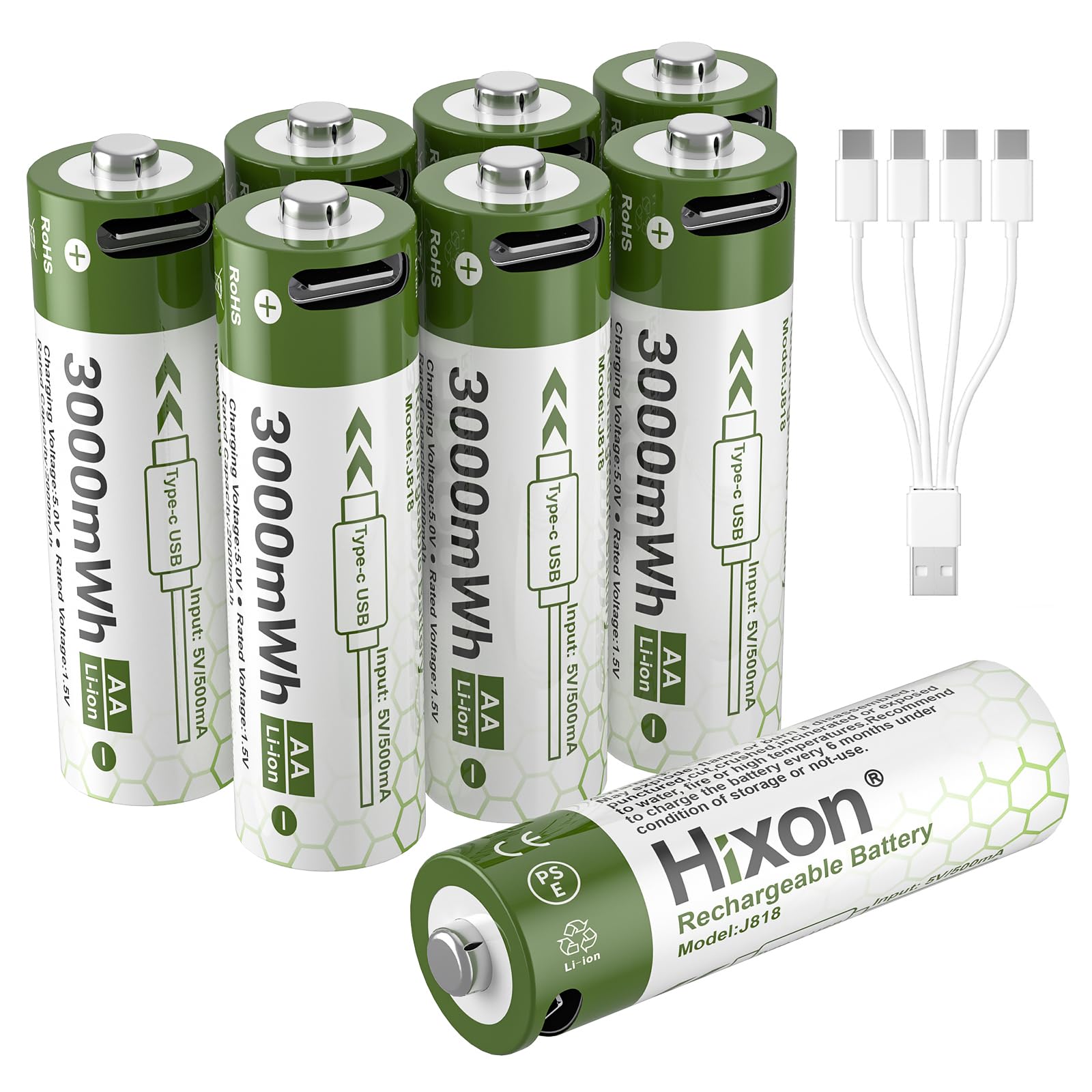 Hixon 1.5V USB Rechargeable Lithium Batteries AA Size,3000mWh Double AA Rechargeable Battery,Charges 1.5 Hours, Over 1000 Cycles, 4-in-1 USB-A to USB-C Charging Cable, LED Charge Indicator, 8-Pack