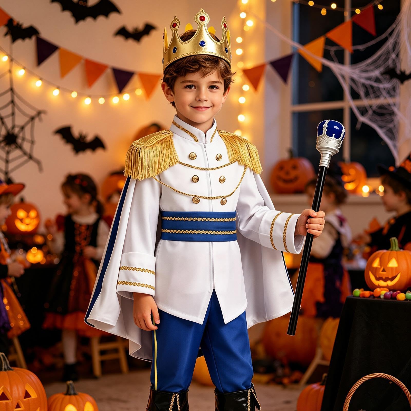 Costume da Re per Bambini Costume Reale Halloween a 7 Pezzi con Corona | Abiti Cosplay per Bambini con Mantello per Vacanza Festa Celebrazione Carnevale Abbigliamento Quotidiano Palco