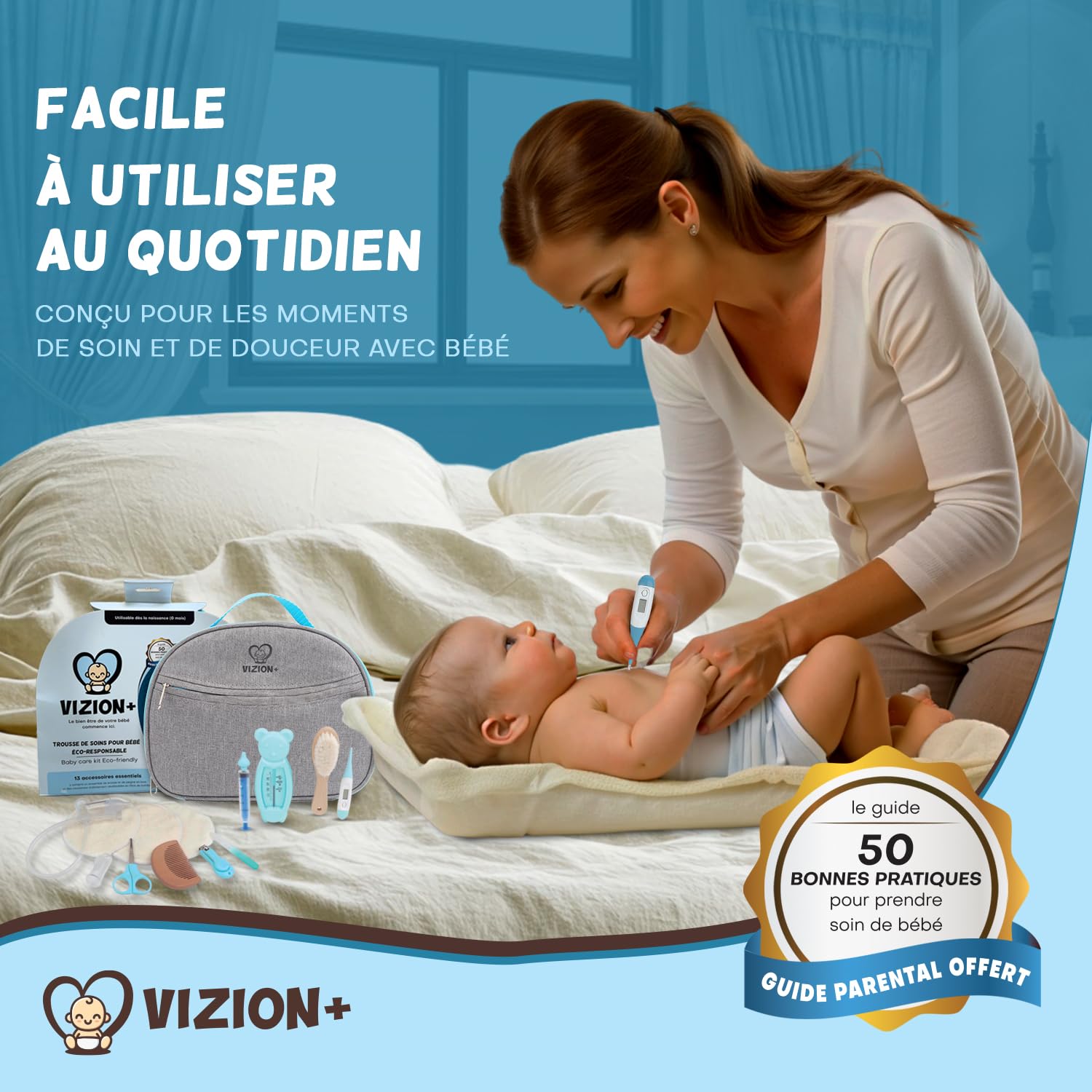 VIZION+ Trousse de Soin bébé – Kit Naissance Complet – 13 Accessoires dont Brosse et Peigne en Bois – Coussinets d’Allaitement en Bambou – Guide Parents Inclus