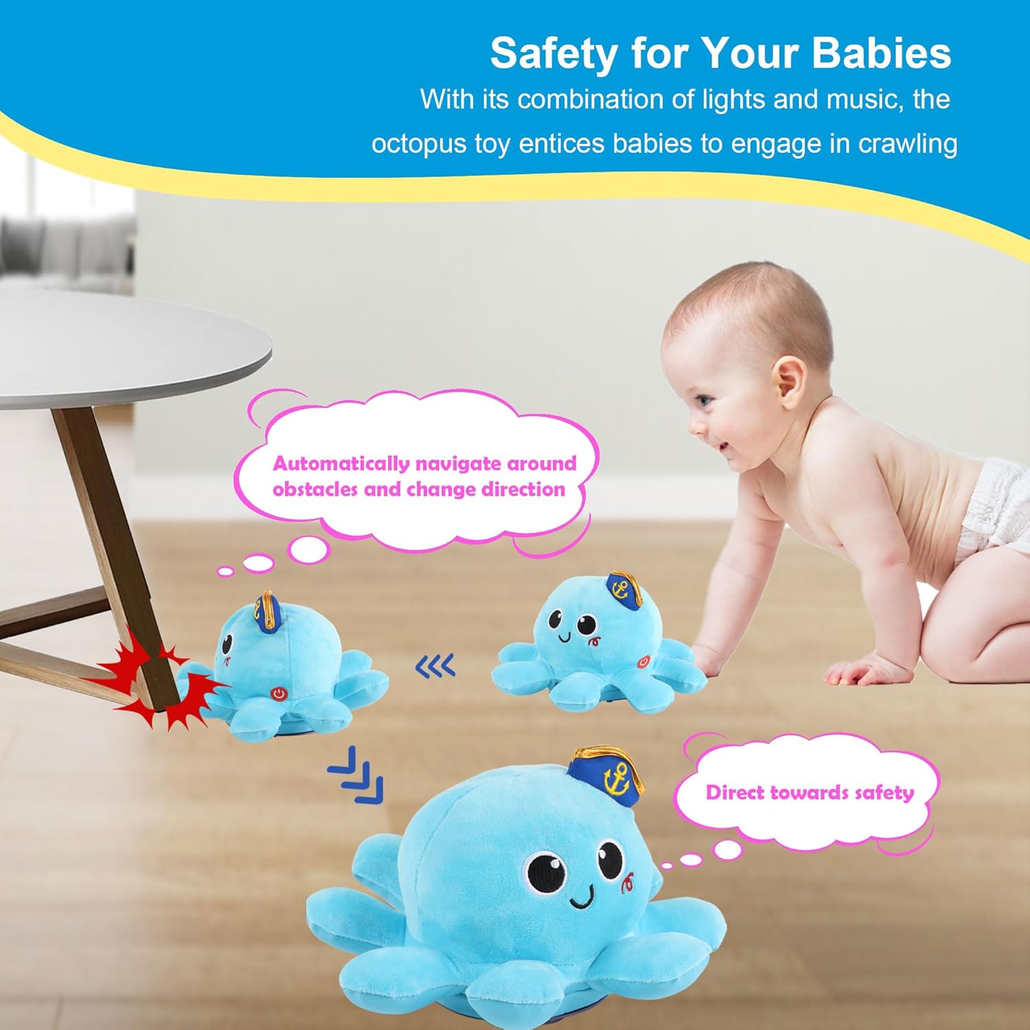 Baby Octopus Crawling Toy - Octopus Toy with Light, Music, Voice Control, and Clap Hands Awake for 2+ Year Old Boys and Girls