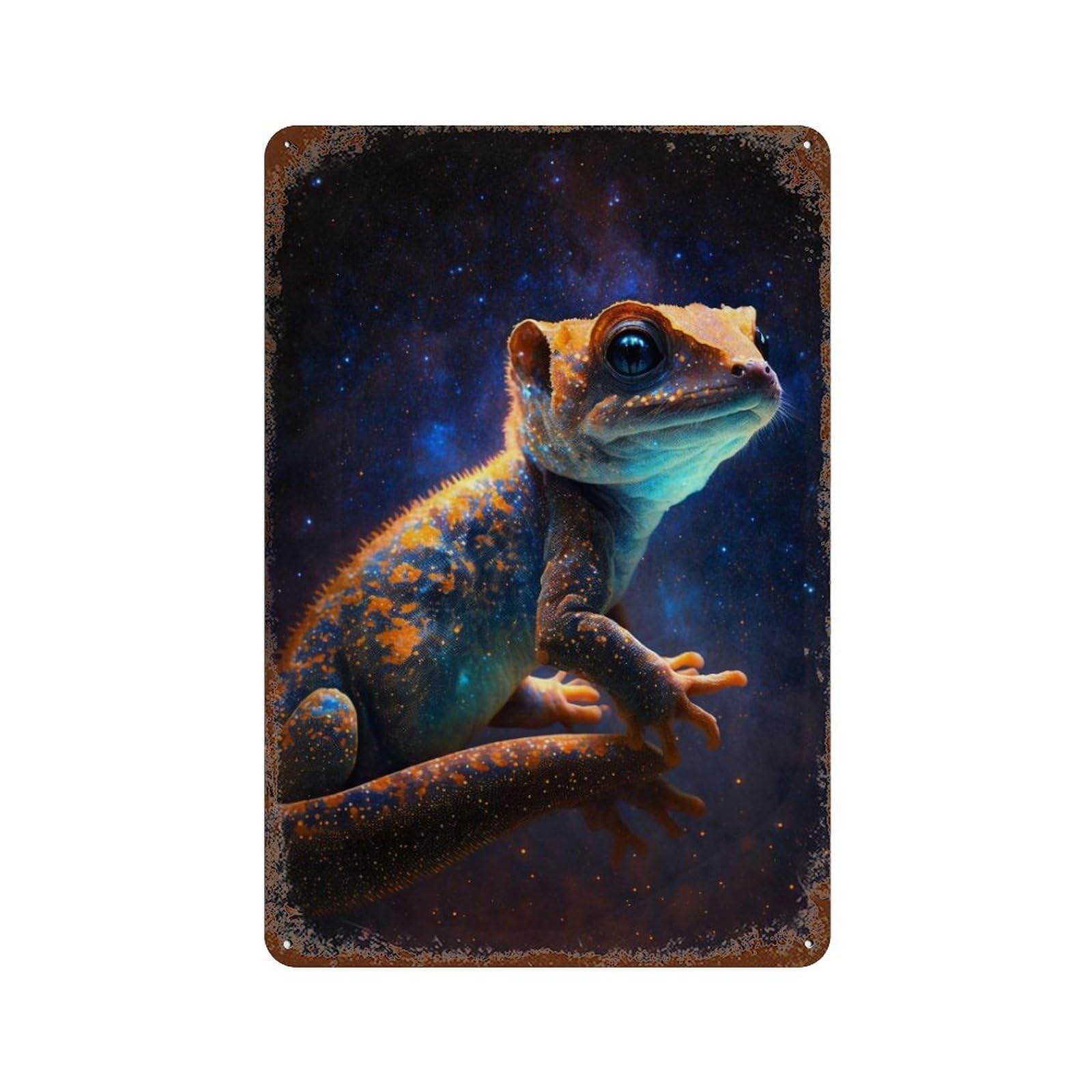 Garage Style Galactic Lizard in Space Distressed Metal Wall Sign 11.8"x7.9", Farmhouse Wall Decor for Bar And Workshop