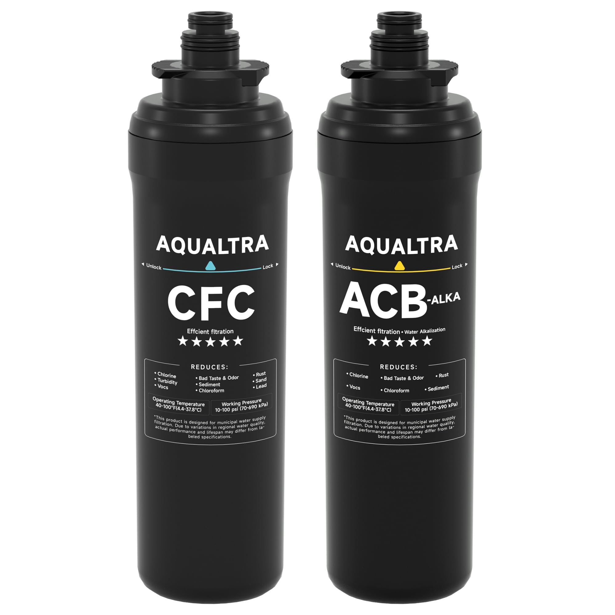 AQUALTRA Kit de 2 filtres CFC et ACB-ALKA pour système de filtration d'eau sous évier USF-2B-10 / USF-2F-10 / USF-3B-10 / USF-3F-10, pack de 2 filtres : 1 CFC + 1 ACB-ALKA