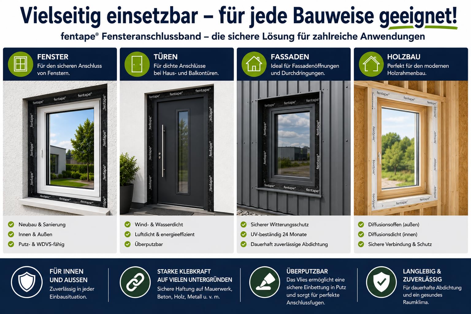Fensteranschlussband Innen 100 mm x 25 m – Fensterdichtband für RAL-Montage – Vollflächig selbstklebend – Winddicht, luftdicht, dampfdiffusionsdicht, überputzbar Indoor