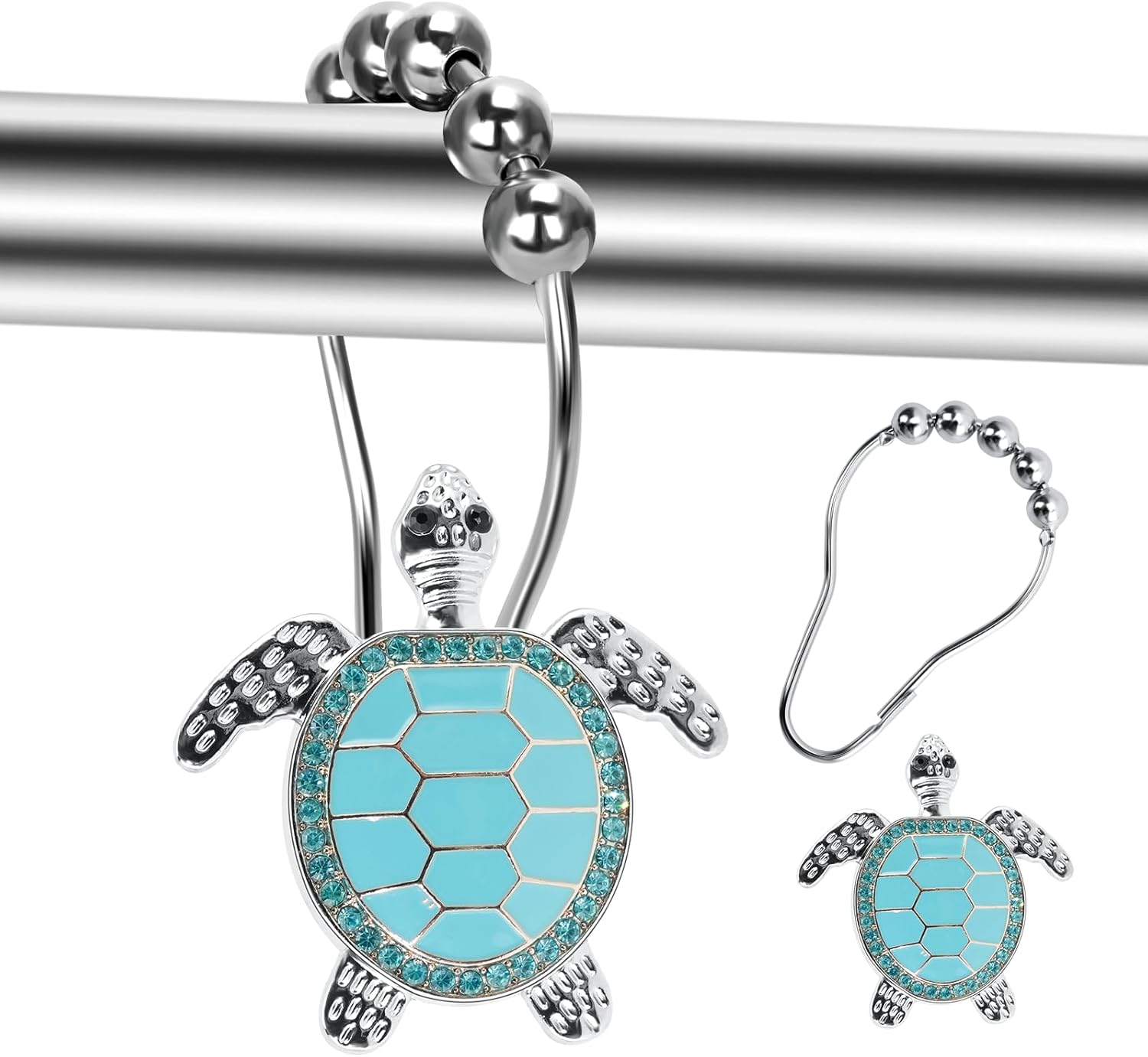 Vertical Blue Sea Turtle Decorative Shower Curtain Hooks Set,12 PCS,Roller Ball, Stainless Steel,Cute Ocean Animal Decor, Beach Shower Rings,Rustproof,for Bathroom, Turquoise Blue & Silver