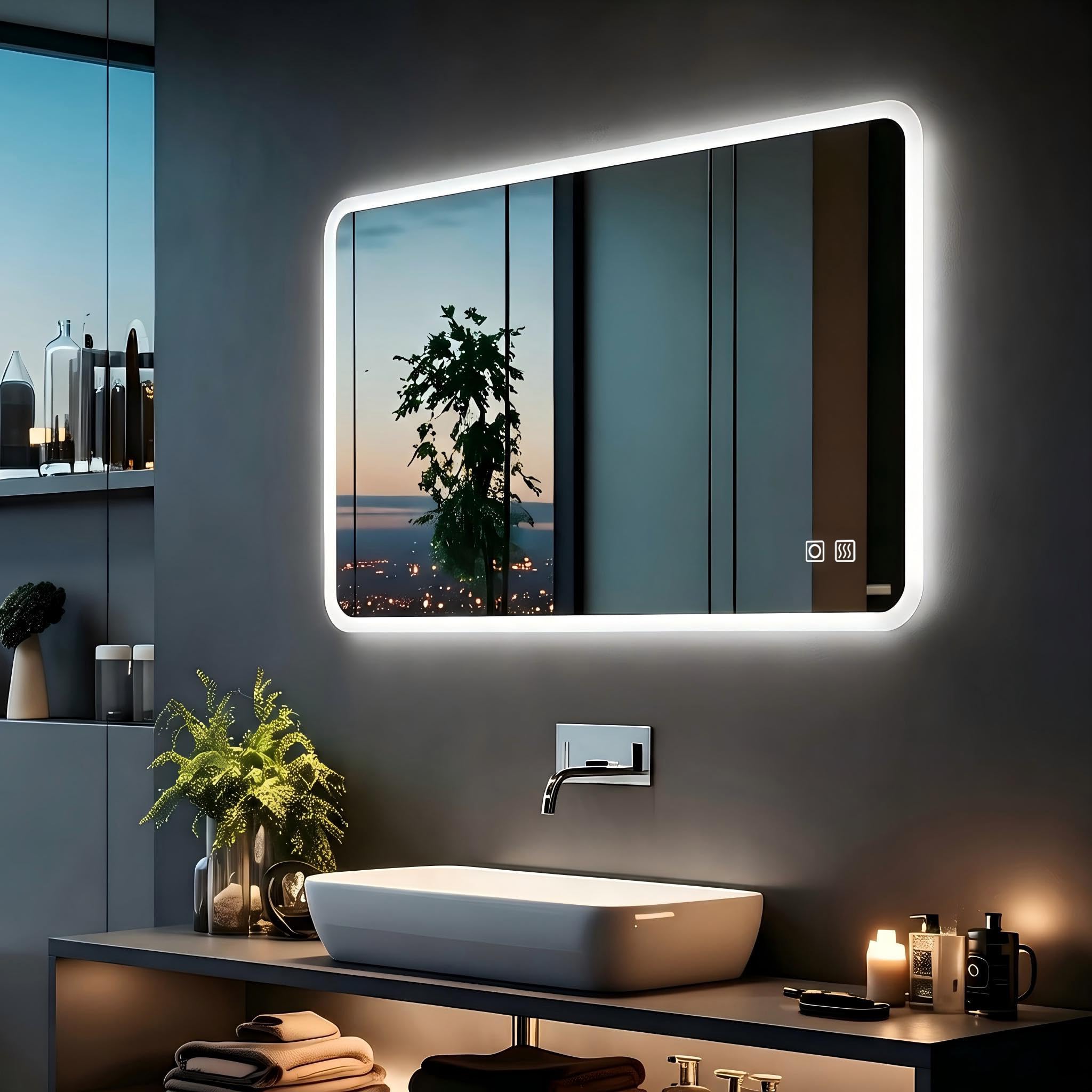 MIQU LED Badspiegel mit Beleuchtung 100x60 cm Badezimmerspiegel, Bad Groß Spiegel mit Touch Dimmbar Warm/Weiß Licht Beschlagfrei Wandspiegel für Badezimmer, WC, Flur Rechteck runden Ecken