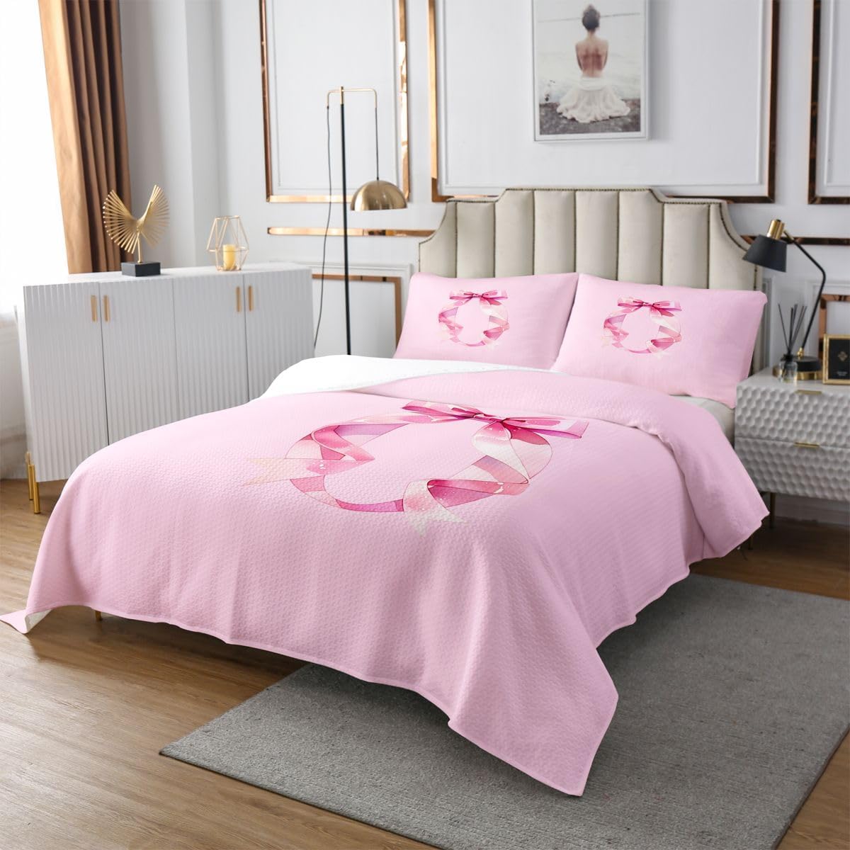 jejeloiu Personalized Initial O Bedspread Quilts Princess Style Bowknot Coverlet Set Twin Size for Kids Boys Girls Pink Glitter Bow Quilted Coverlet for All Season with 1 Pillowcase