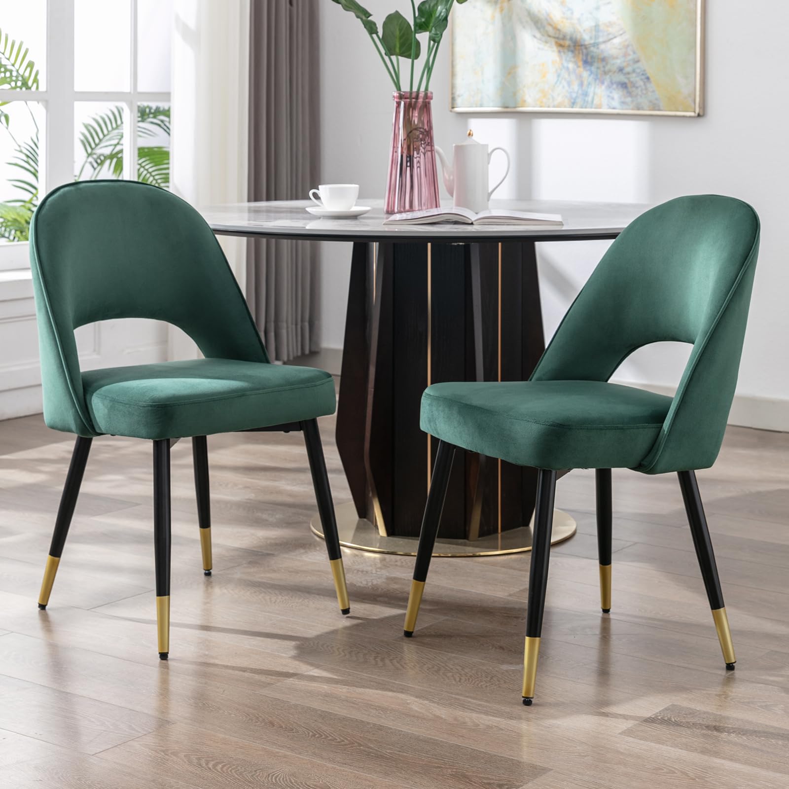 Set of 2 Velvet Dining Chairs with Hollow Back Modern Kitchen Chairs, Living Room Chairs with Metal Legs for Home/Restaurant (Black) — view 14