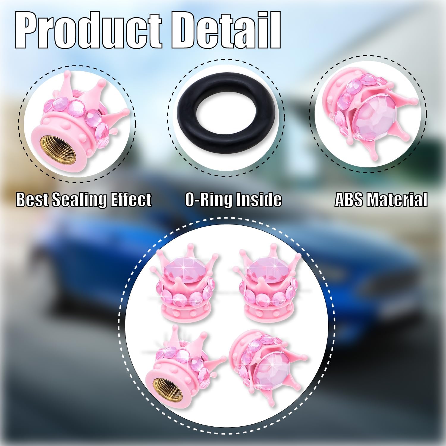 4PCS Crown Bling Tire Stem Valve Caps, Crystal Diamond Car Wheel Tire Valve Caps Universal Copper Core Stem Covers for Cars, SUV, Trucks, Bikes, Motorcycles, Bicycles (Pink)