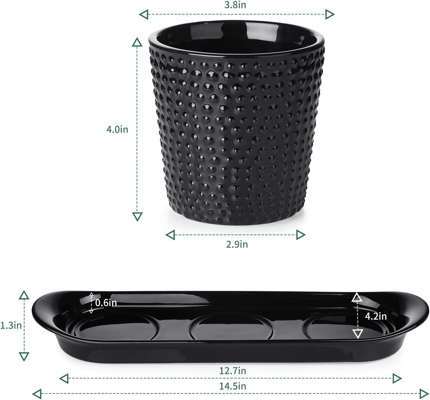 POTEY Black Ceramic Herb Planter Pots 056402 3.8 Inch Modern Vintage-Style Hobnail Textured Planters with Drainage Hole for Indoor Plants Succulent, 3 Pots & 1 Saucer (Plants Not Included)